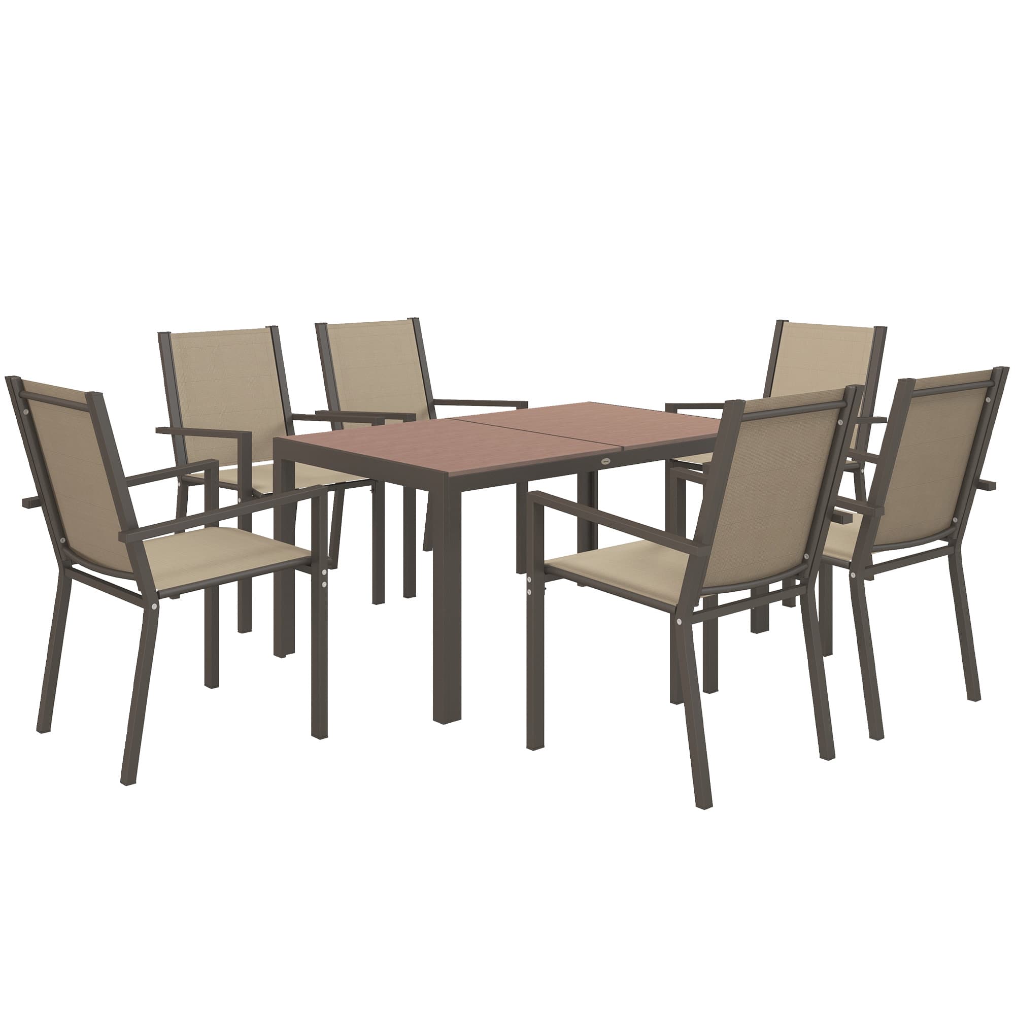 Outsunny 7-Piece Garden Dining Set, Weatherproof Wood-Effect Table & 6 Stackable Space-Saving Chairs, Brown | Aosom UK