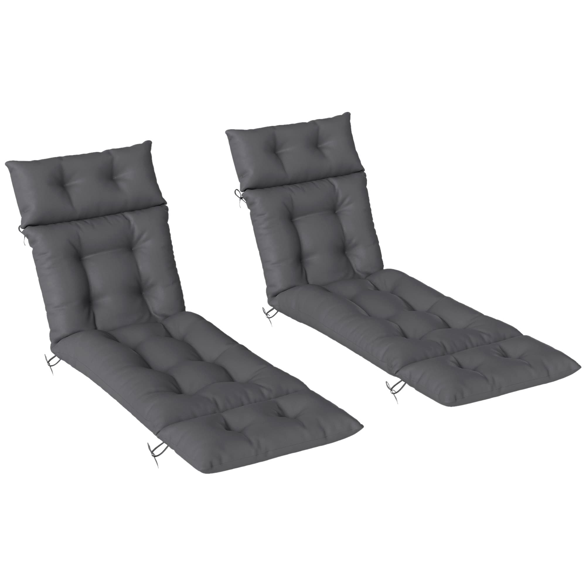 Outsunny Sun Lounger Cushions Only, 190x56x10cm Garden Lounge Chair Cushions Set of 2, Thick Sunbed Replacement Cushions with 6 Ties, Dark Grey