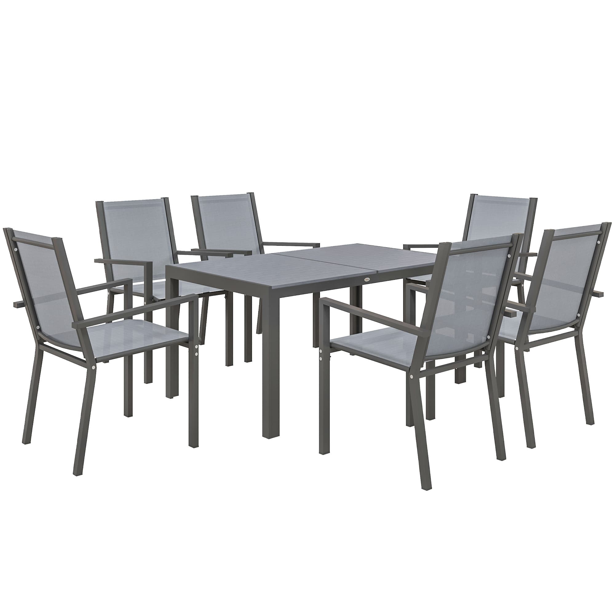 Outsunny 7 Pieces Garden Dining Set with Wood-plastic Composite Dining Table, and 6 Stackable Armchairs with Breathable Mesh Fabric