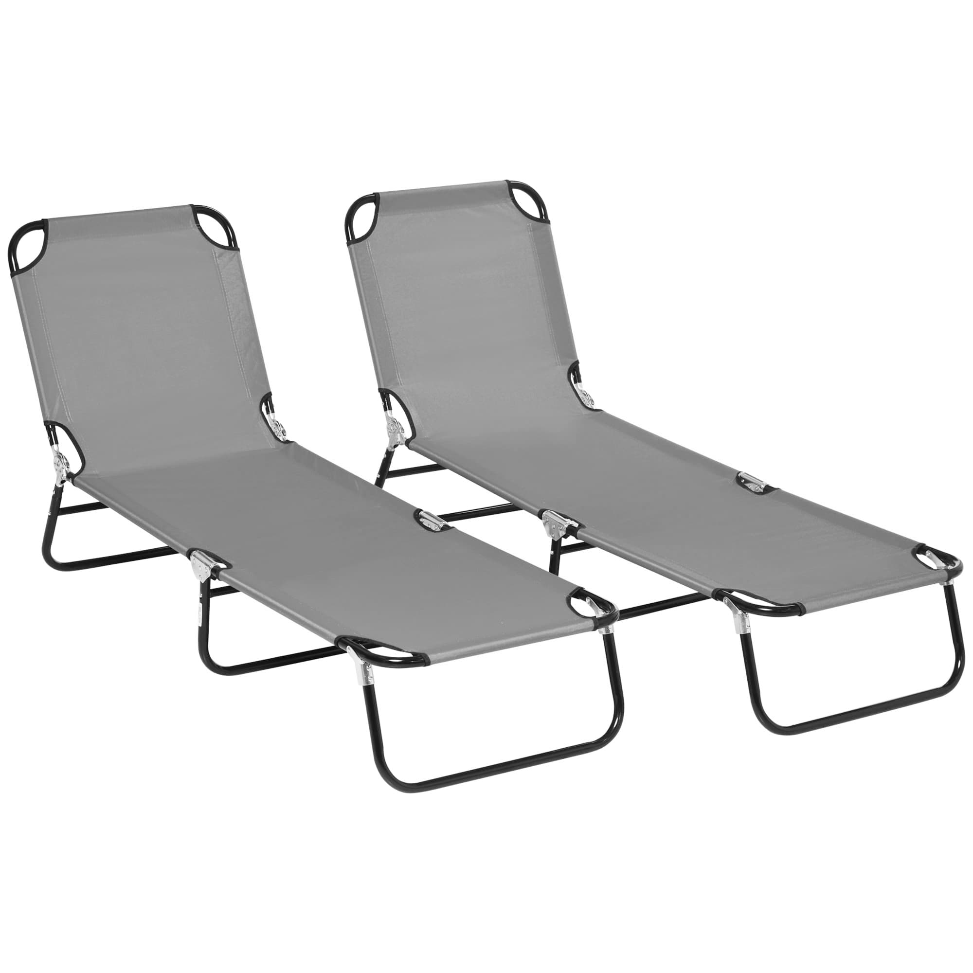 Outsunny Folding Sun Loungers Set of 2, Outdoor Day Bed with 5-Position Adjustable Backrest with Breathable Mesh for Beach, Patio, Dark Grey