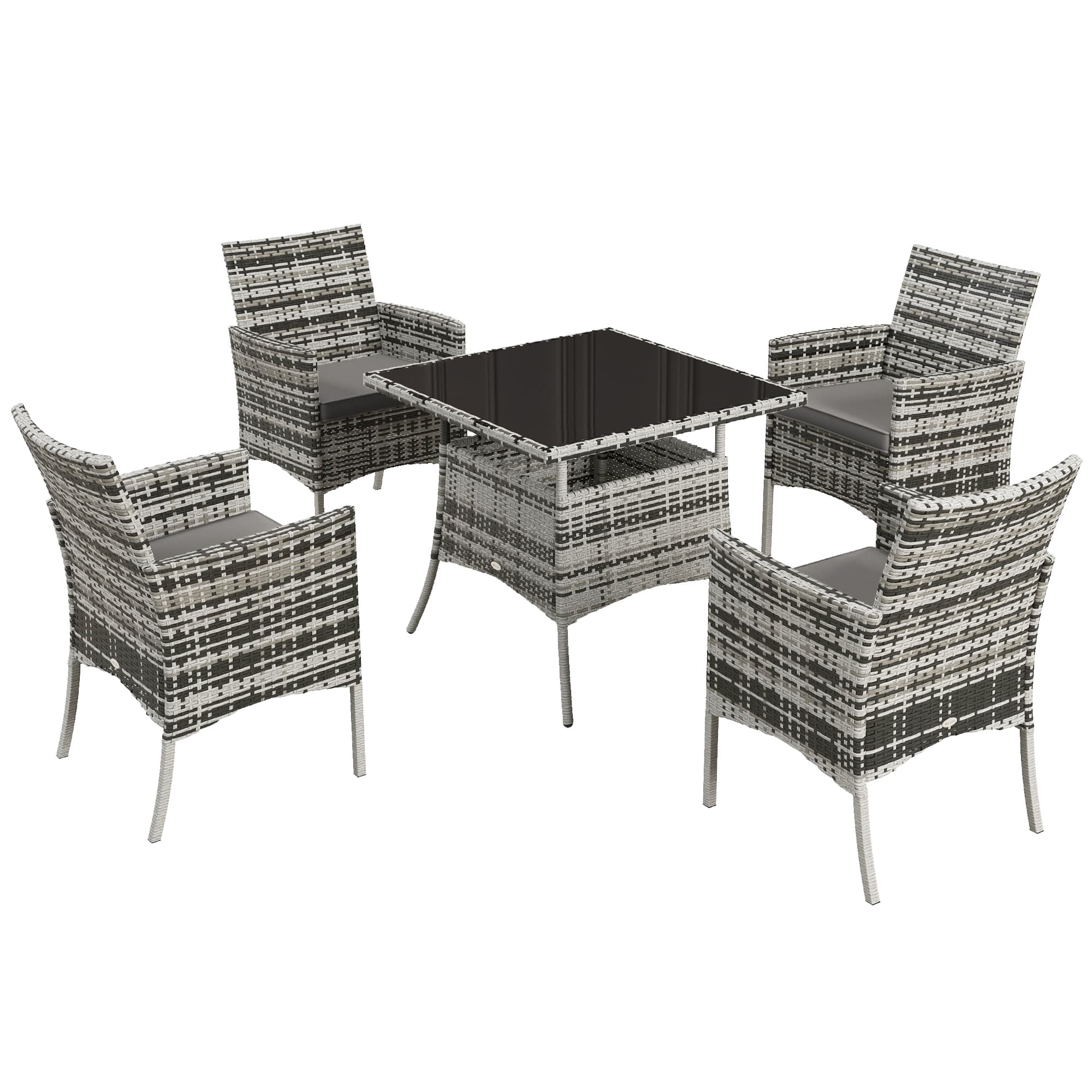 Outsunny Outdoor Dining Set 5 Pieces Patio Conservatory with Tempered Glass Tabletop, 4 Dining Armchairs - Grey