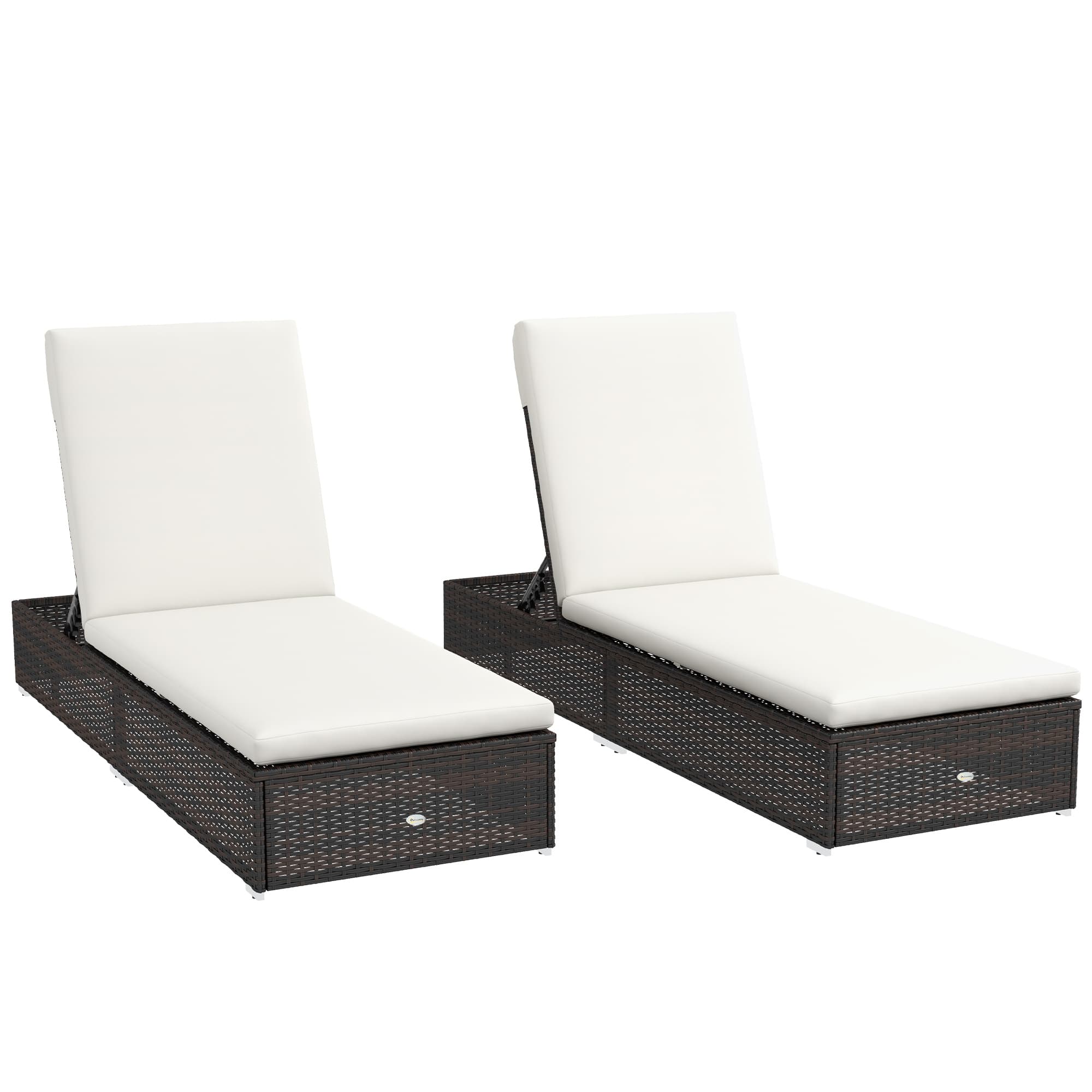 Outsunny Set of Two Rattan Sun Loungers, with Reclining Backs - Brown/Cream | Aosom UK