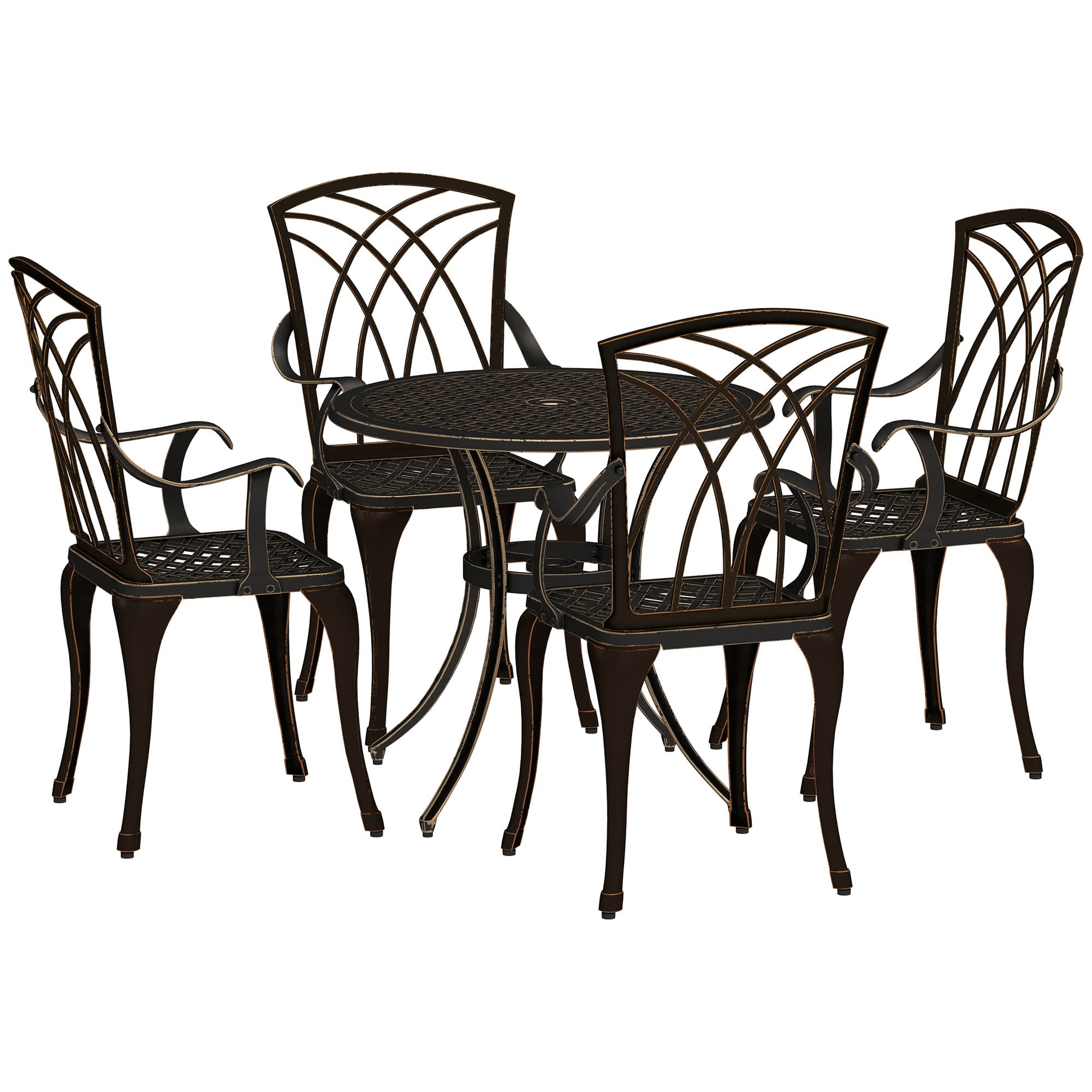 Outsunny 5 Pieces Garden Dining Set for 4, Cast Aluminium Outdoor Dining Set with 4 Armchairs and Round Dining Table with Parasol Hole, Bronze Tone