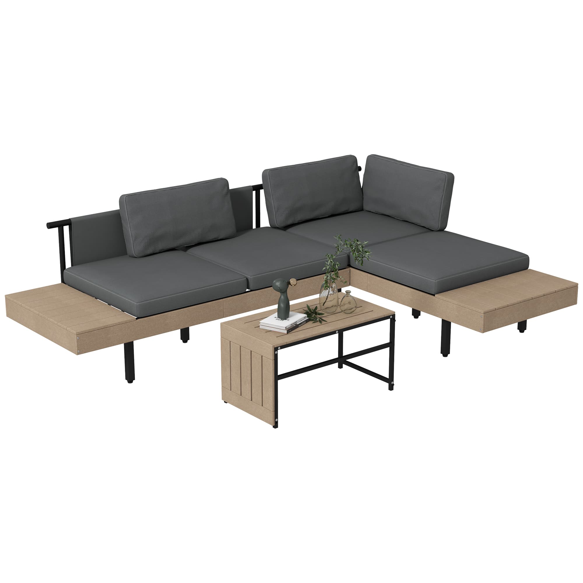 Outsunny 3-Piece Garden Corner Sofa Set with Wood-effect Table, 15cm Thick Cushions, HDPE Garden Furniture Set for Patio, Grey | Aosom UK