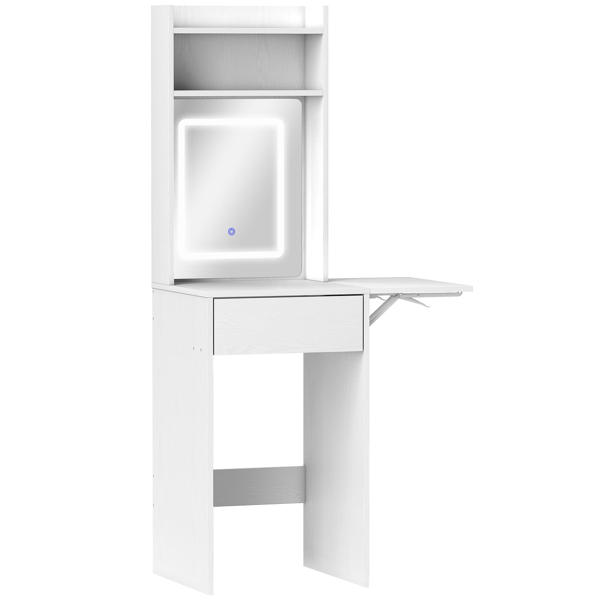 HOMCOM Small Vanity Desk with Mirror and LED Lights, Compact Dressing Table with Drop Leaf, Open Shelves and Drawer, White thumbnail 2