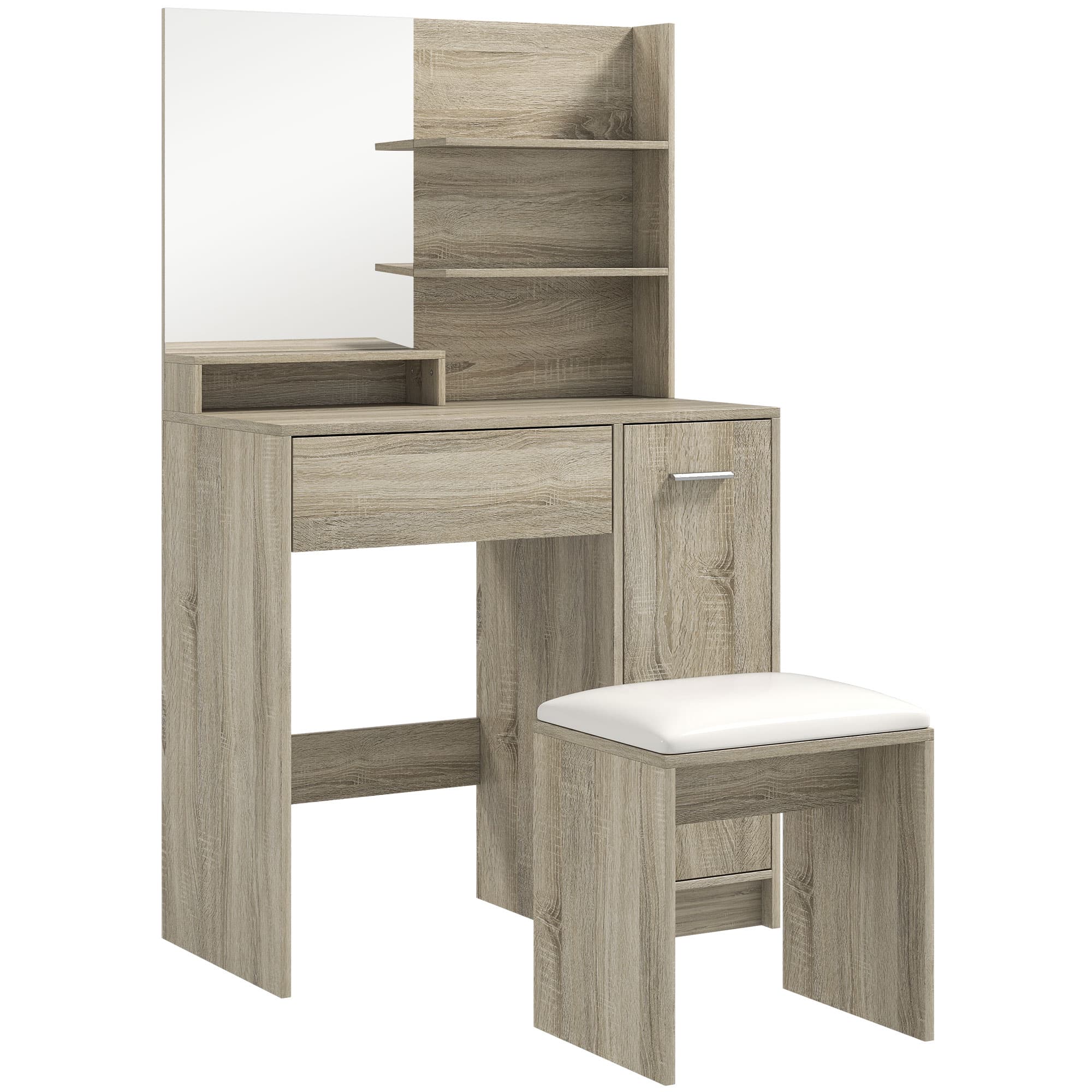 HOMCOM Dressing Table and Stool Set, with Storage - Natural Wood Finish