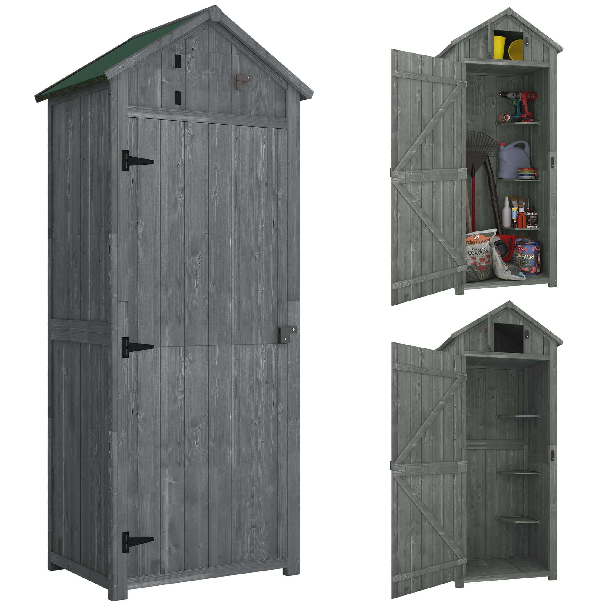 Outsunny Small Wooden Garden Shed with Lockable Double Doors, Shelves, Roof Hatch for Garden Tools, Grey | Aosom UK