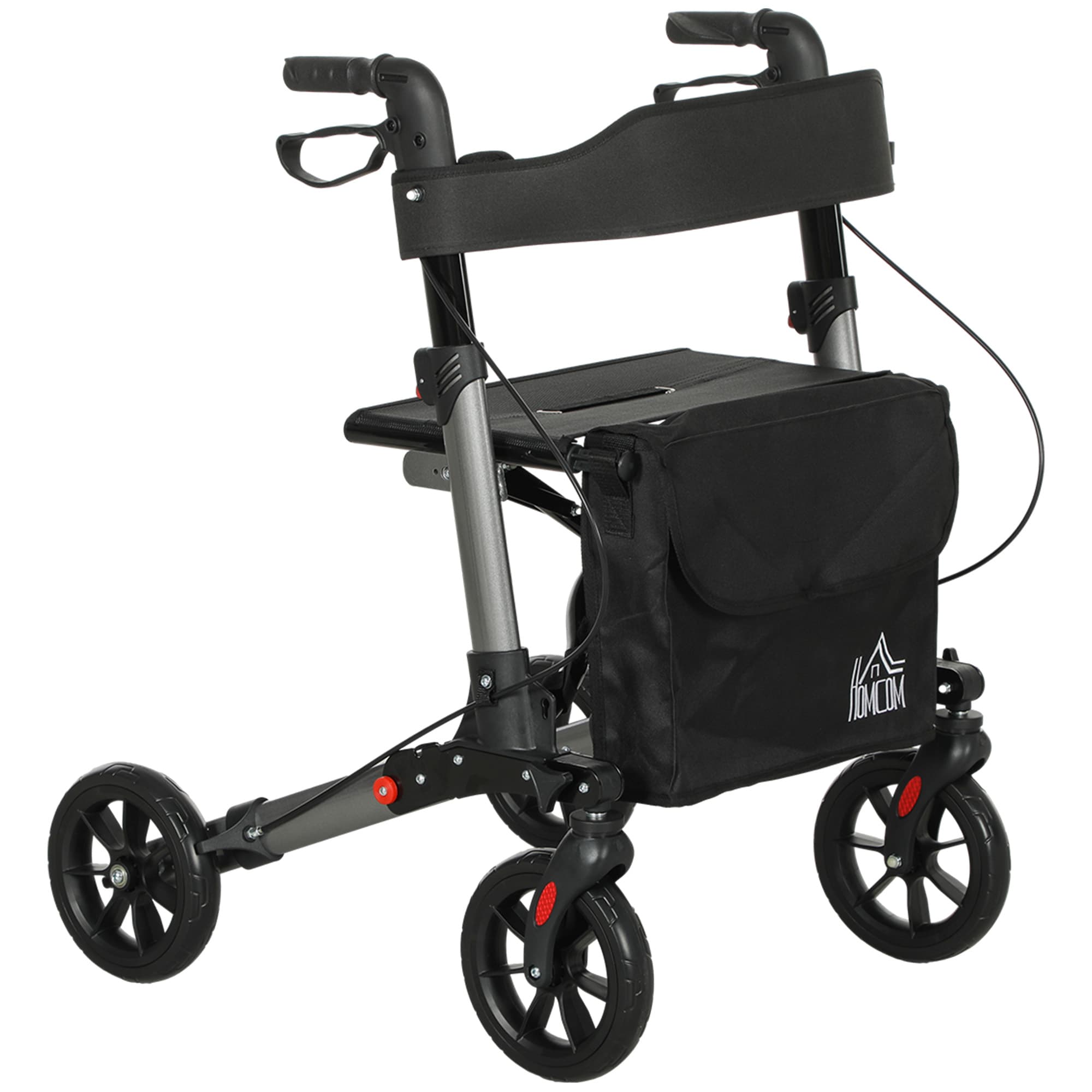 HOMCOM 4 Wheel Rollator with Seat and Back, Folding Mobility Walker with Carry Bag, Adjustable Height, Dual Brakes, Cane Holder, Silver