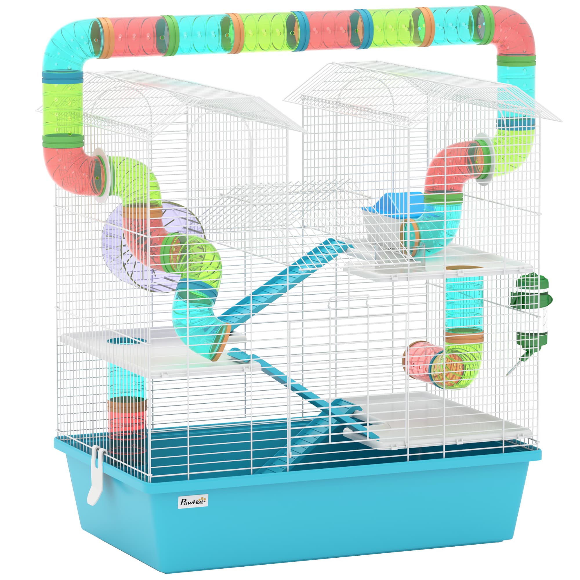 PawHut 4 Tier Hamster Cage w/ Tubes, Exercise Wheel, Hut, Water Bottle, Food Dish, Ramps, for Drawf, 58 x 36 x 65cm, Light Blue