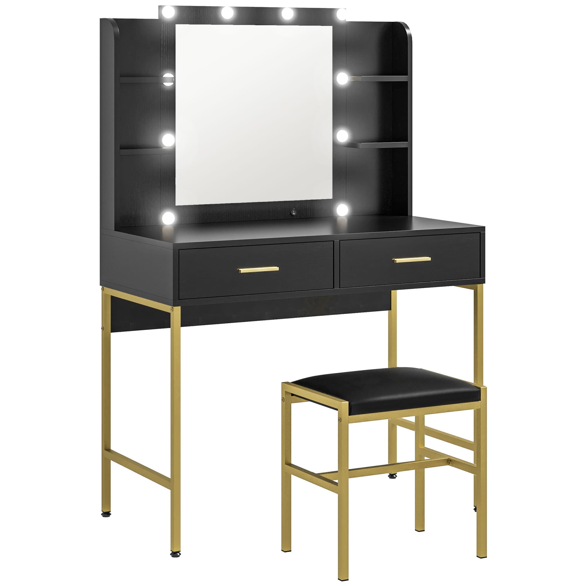 HOMCOM Dressing Table with Lighted Mirror, Cushioned Stool, Drawers, Shelves, Makeup Vanity Desk Set, Modern Dresser Vanity Table Black | Aosom UK