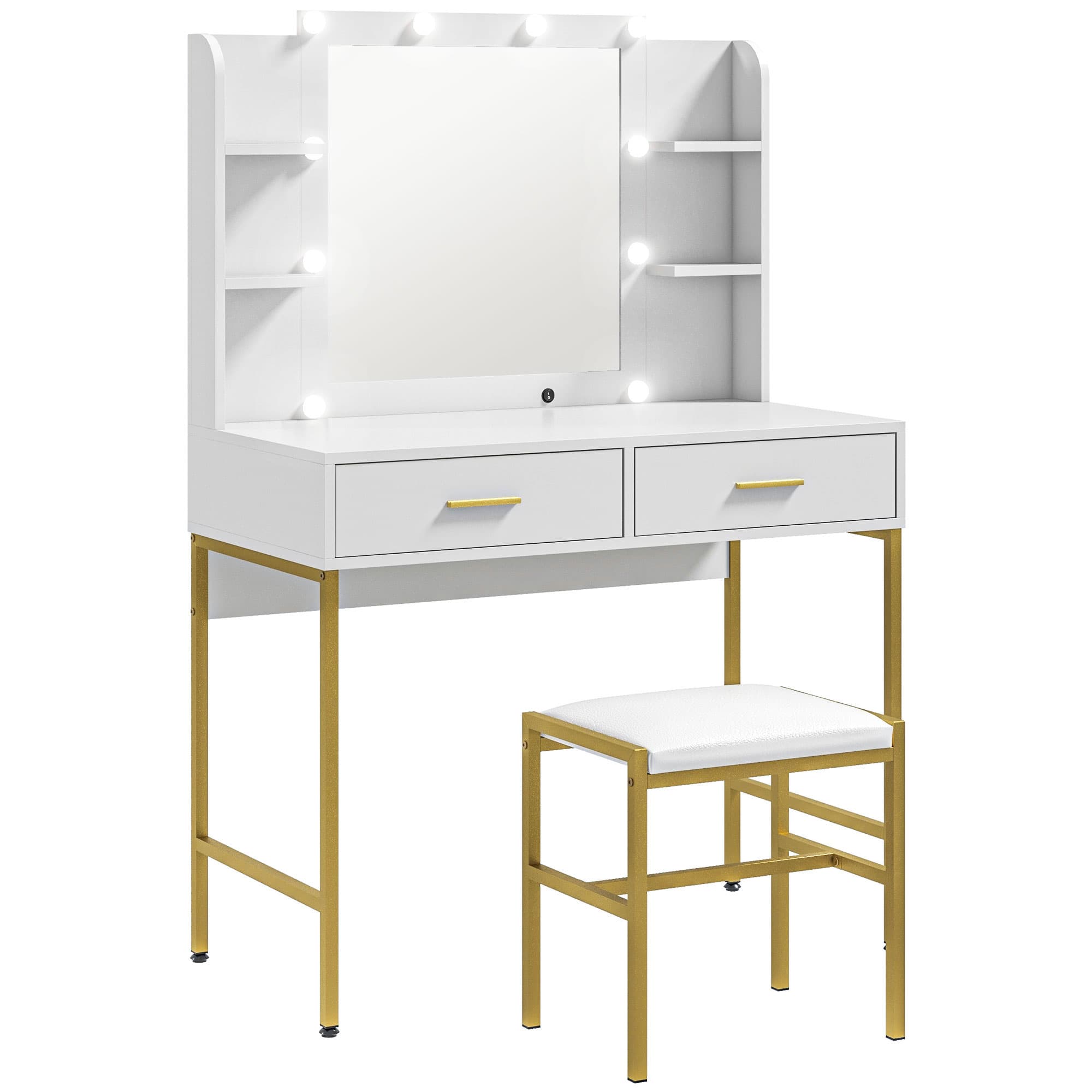 HOMCOM Dressing Table with Lighted Mirror, Cushioned Stool, Drawers, Shelves, Makeup Vanity Desk Set, Modern Dresser Vanity Table White | Aosom UK