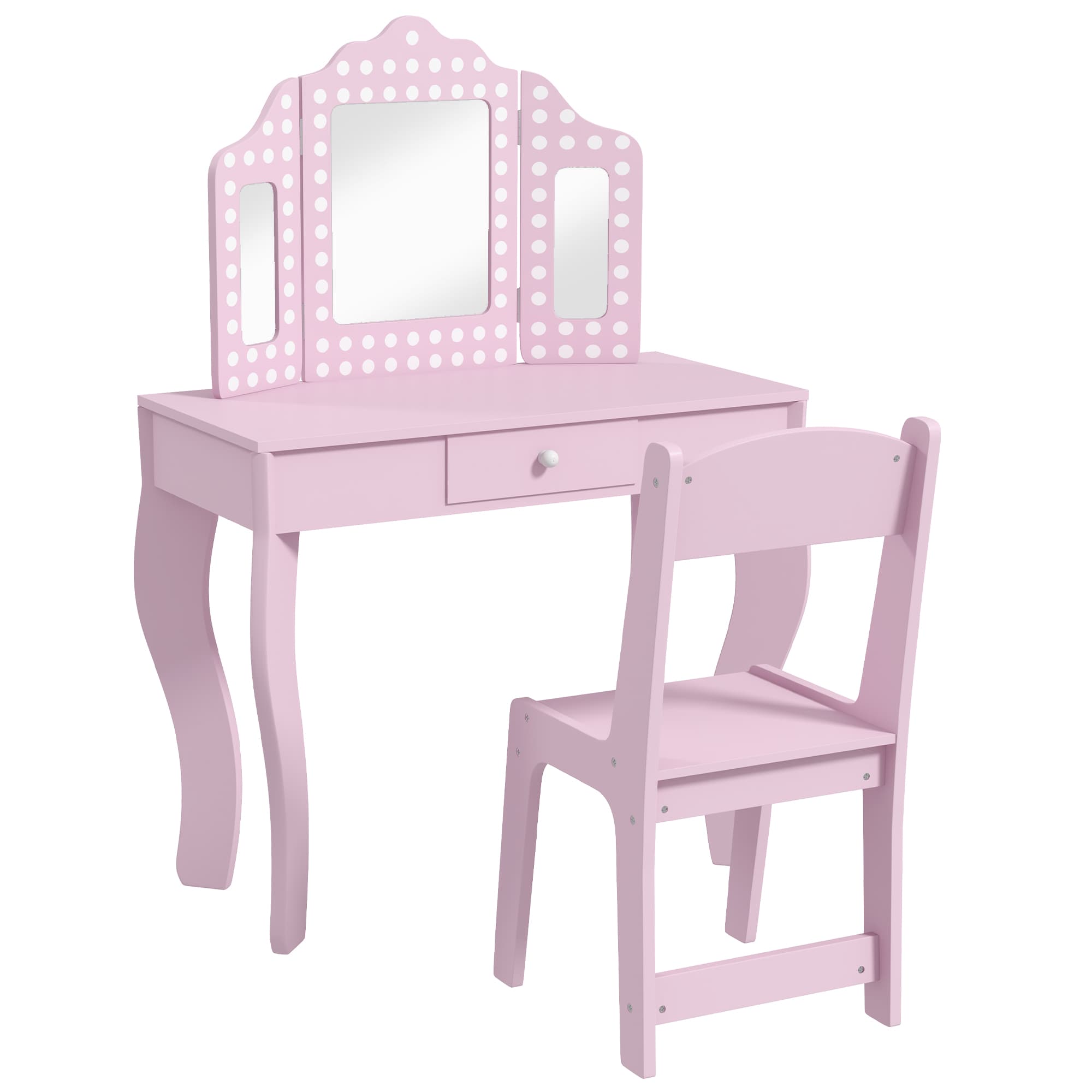 AIYAPLAY Kids Dressing Table Sets with Stool and Tri-Fold Mirror, Drawer for Playroom, Bedroom - Pink | Aosom UK