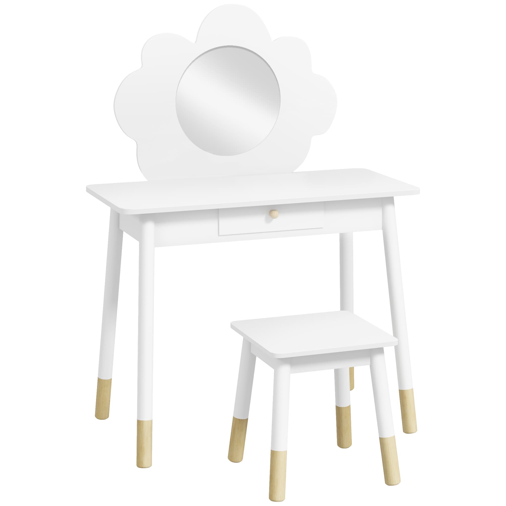 AIYAPLAY Kids Dressing Table with Mirror, Stool, Drawer, Cloud Design, White | Aosom UK