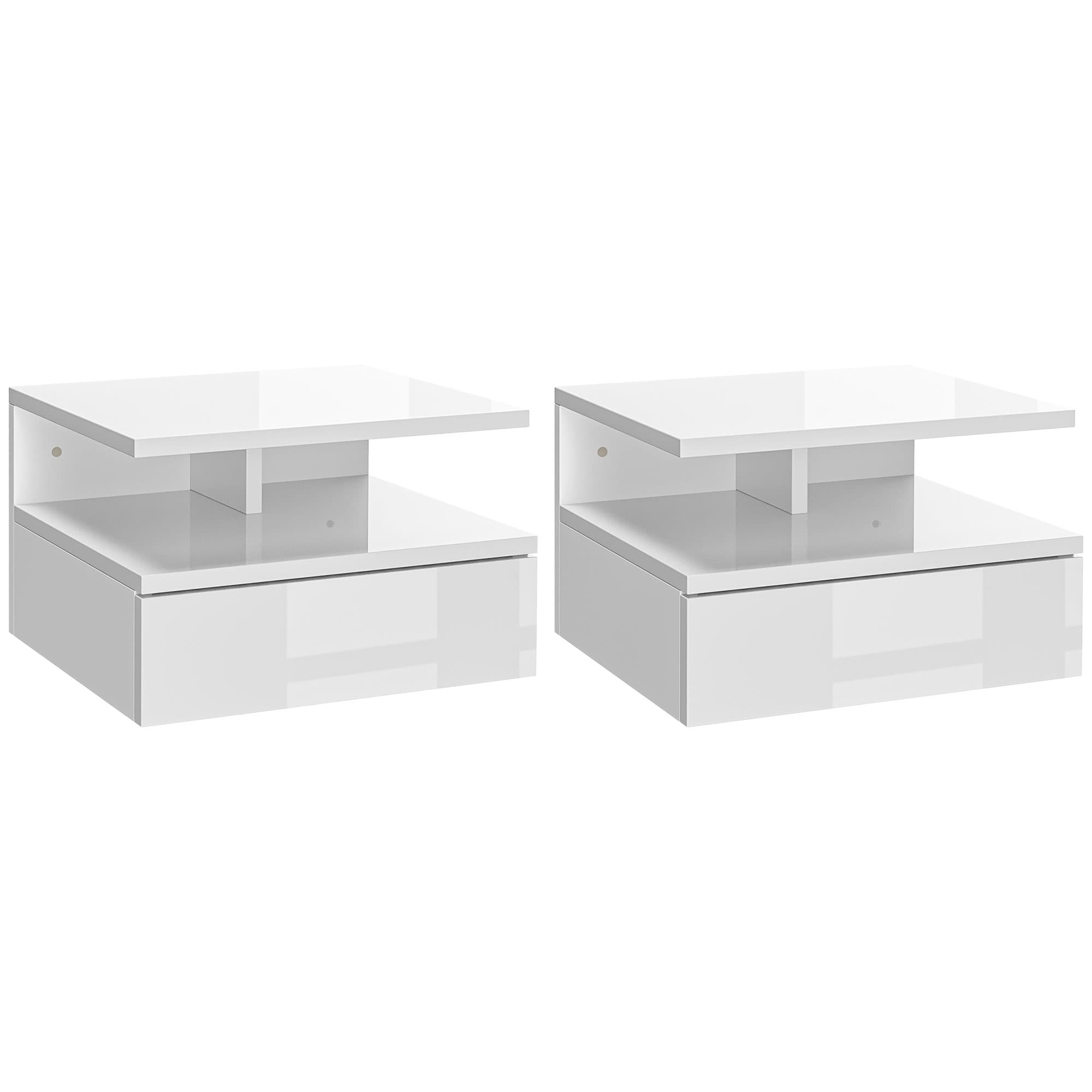 HOMCOM Set of Two Floating High Gloss Bedside Tables - White | Aosom UK
