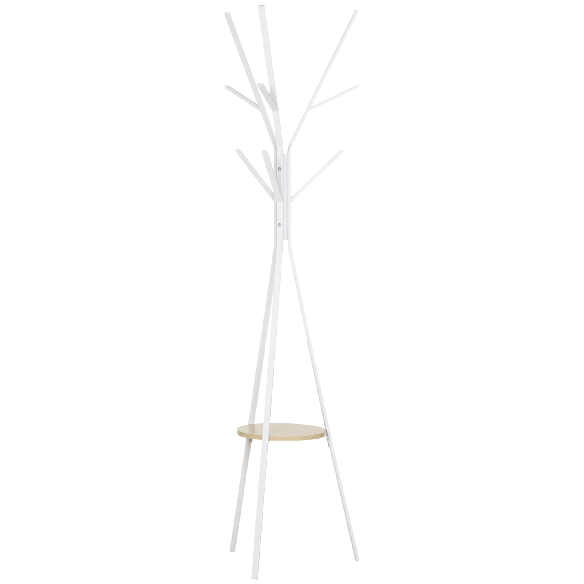 HOMCOM Metal Coat Rack Stand, 180cm Free Standing with 9 Hooks, 1 Shelf for Hats, Bags, Hall Tree Hanger for Hallway, Living Room, White. | Aosom UK