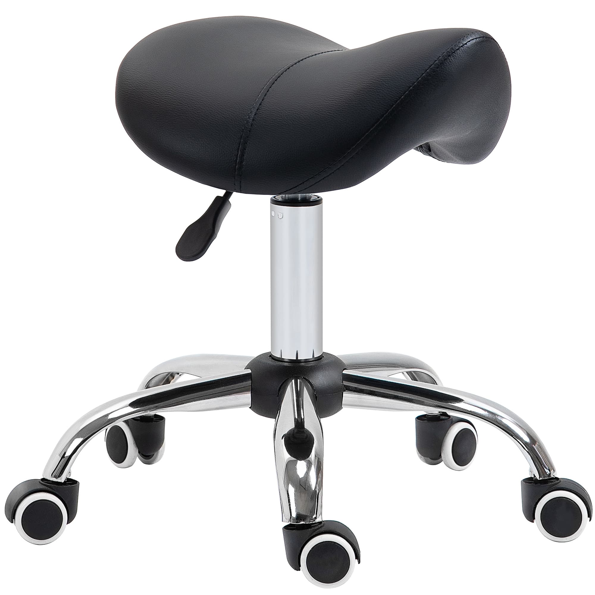 HOMCOM Cosmetic Stool 360° Rotate Height Adjustable Salon Massage Spa Chair Hydraulic Rolling Faux Leather Saddle Stool Mobility - Black | Aosom UK