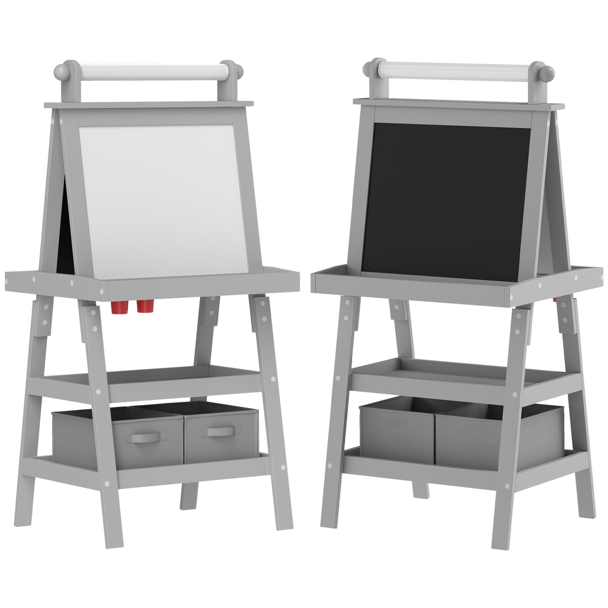 AIYAPLAY 3 in 1 Kids Art Easel, Double-Sided Magnetic Whiteboard and Chalkboard with Paper Roll, Storage Baskets, Painting Easel for Kids, Grey | Aosom UK