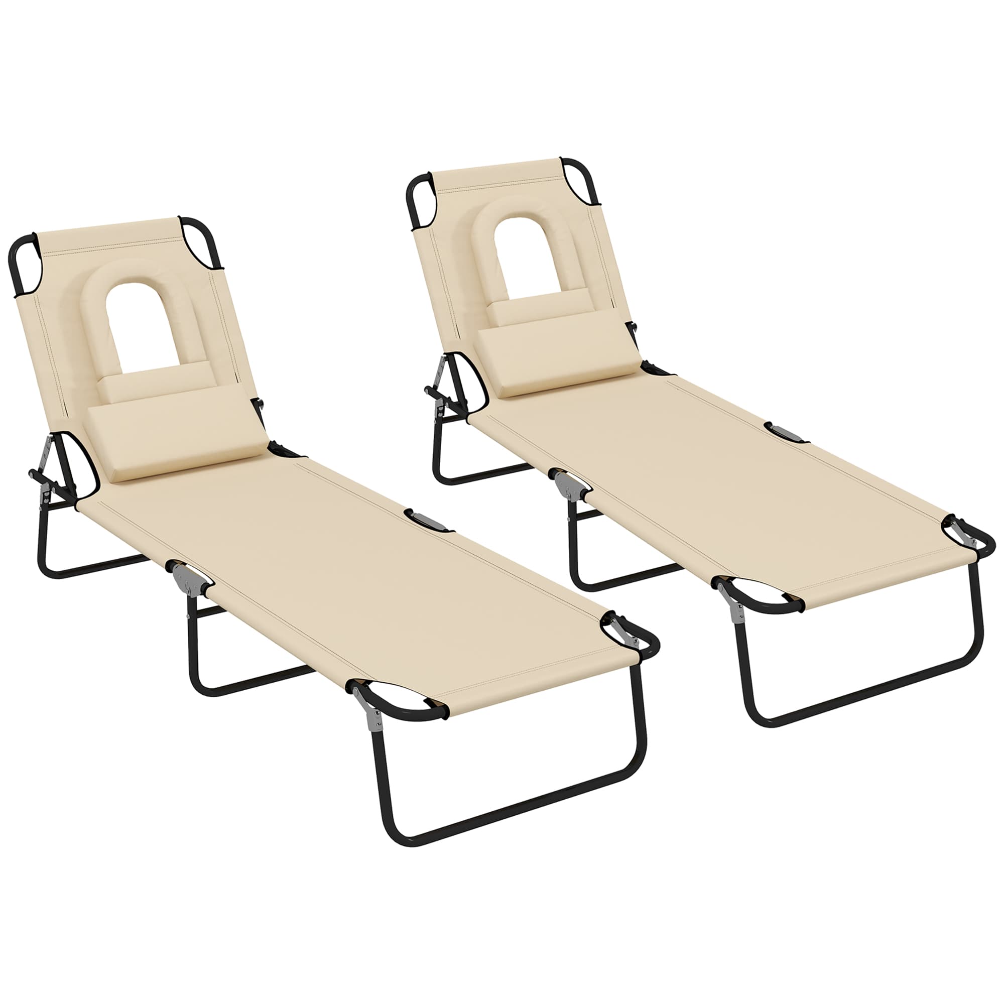Outsunny Outdoor Foldable Sun Lounger Set of 2, 4 Level Adjustable Backrest Reclining Sun Lounger Chair with Pillow and Reading Hole, Brown | Aosom UK