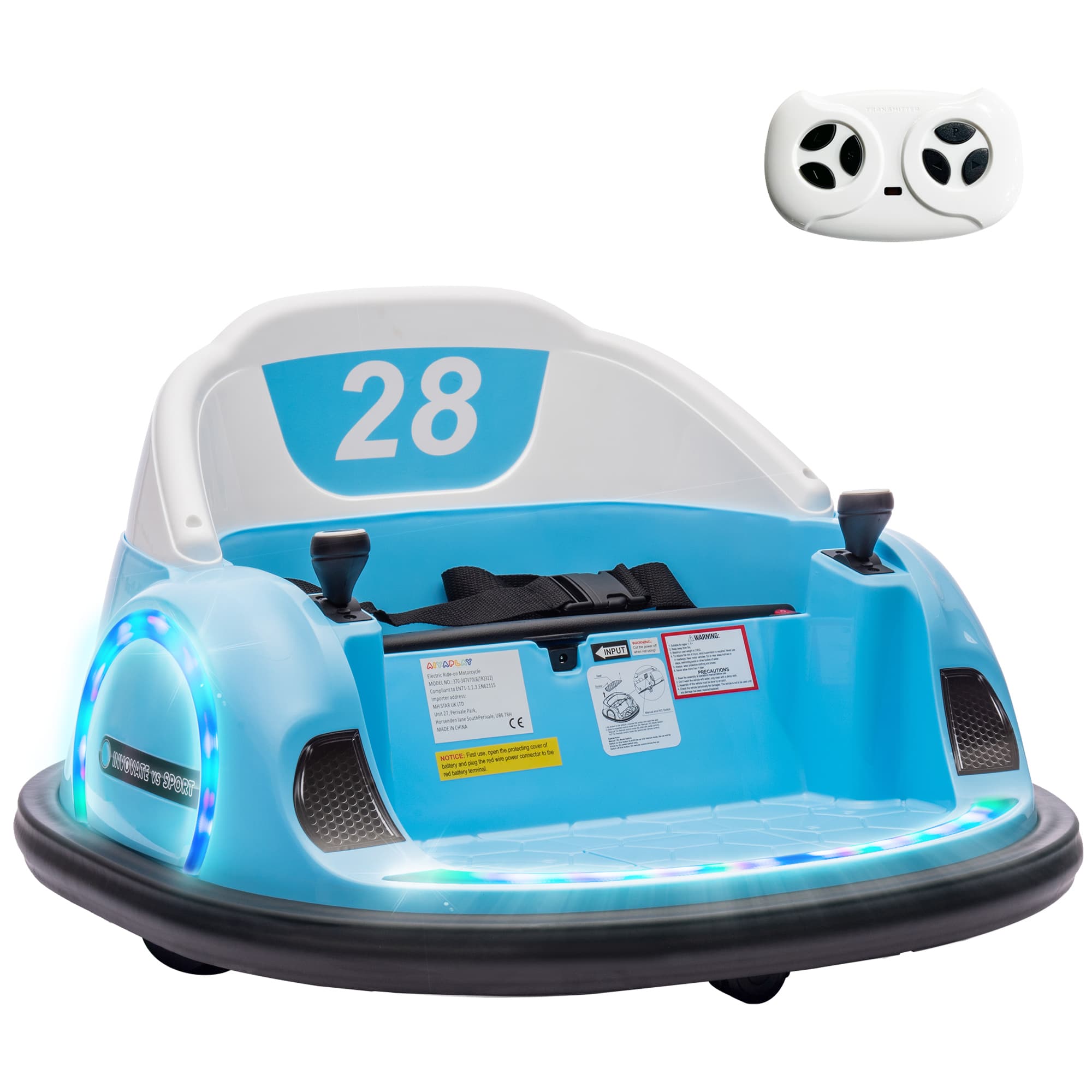 AIYAPLAY 360° Rotation Kids Bumper Car, 12V Waltzer Car with Remote Control, Dual Joysticks, Music Lights - Light Blue | Aosom UK