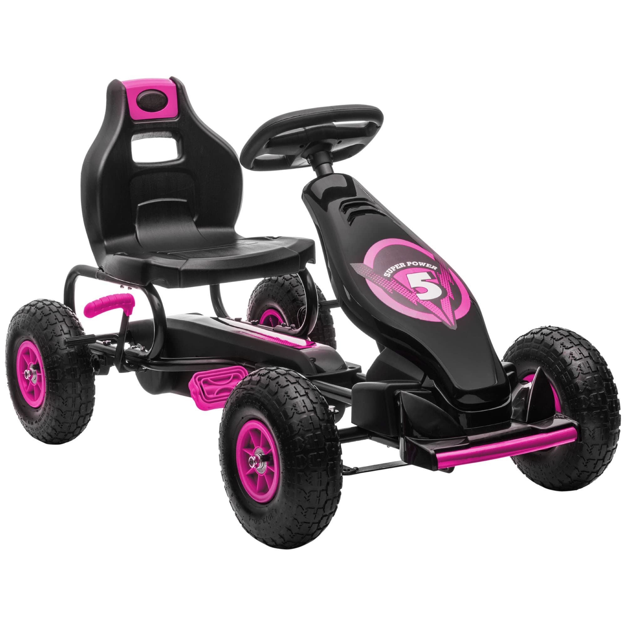 HOMCOM Children Pedal Go Kart, Racing Go Cart w/ Adjustable Seat, Inflatable Tyres, Shock Absorb, Handbrake, for Kids Aged 5-12, Pink | Aosom UK
