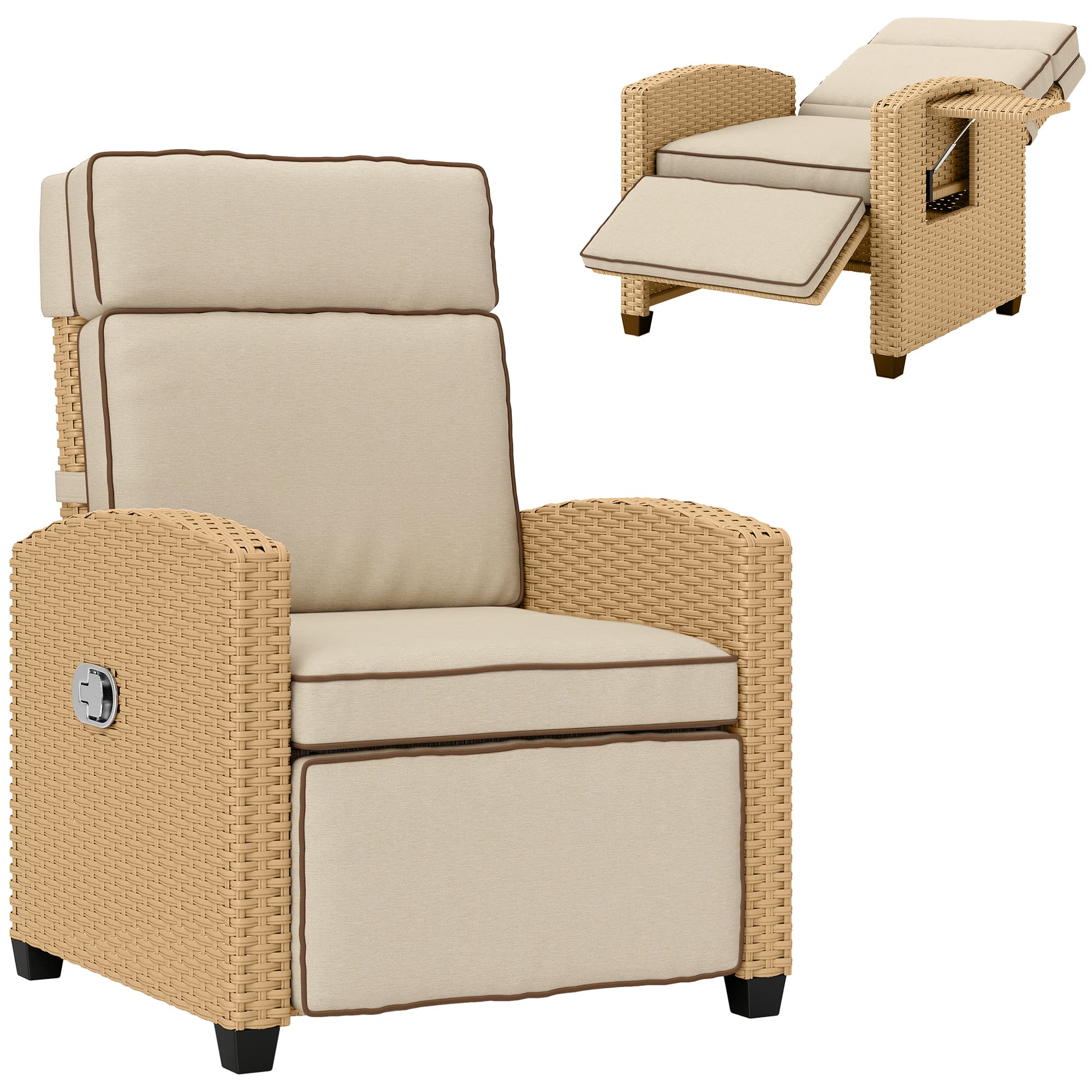 Outsunny Rattan Garden Recliner Chair, Adjustable Backrest Reclining Rattan Chair with Flip Table, Cushion and Footrest, Indoor Outdoor Lounge Reclining Sun Lounger for Patio, Yellow/Beige
