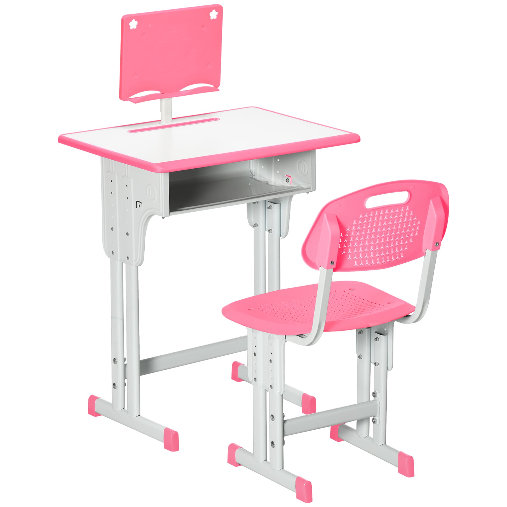HOMCOM Children's Study Desk and Chair Set, Adjustable Height with Drawer, Bookshelf, Cup Holder & Pen Groove, Pink | Aosom UK