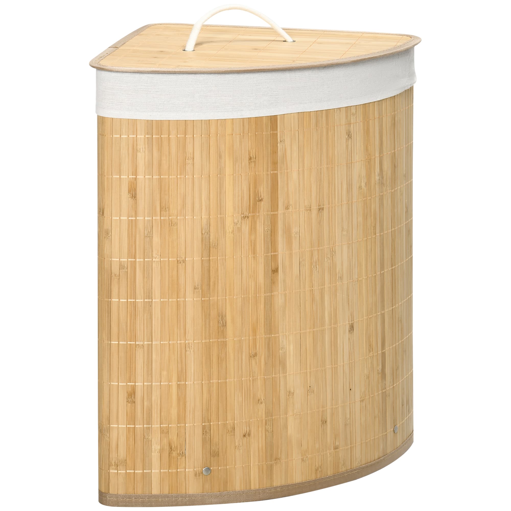 HOMCOM Bamboo Laundry Basket with Lid, 55 Litres Laundry Hamper w/ Removable Washable Lining, Corner Washing Baskets, Natural | Aosom UK