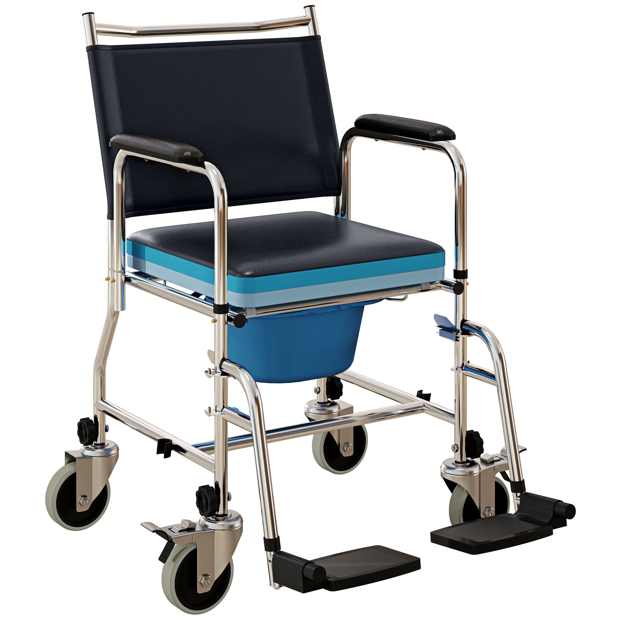 HOMCOM Rolling Shower Chair with Wheels, Bedside Commode Wheelchair with Padded Seat, Backrest, Black | Aosom UK
