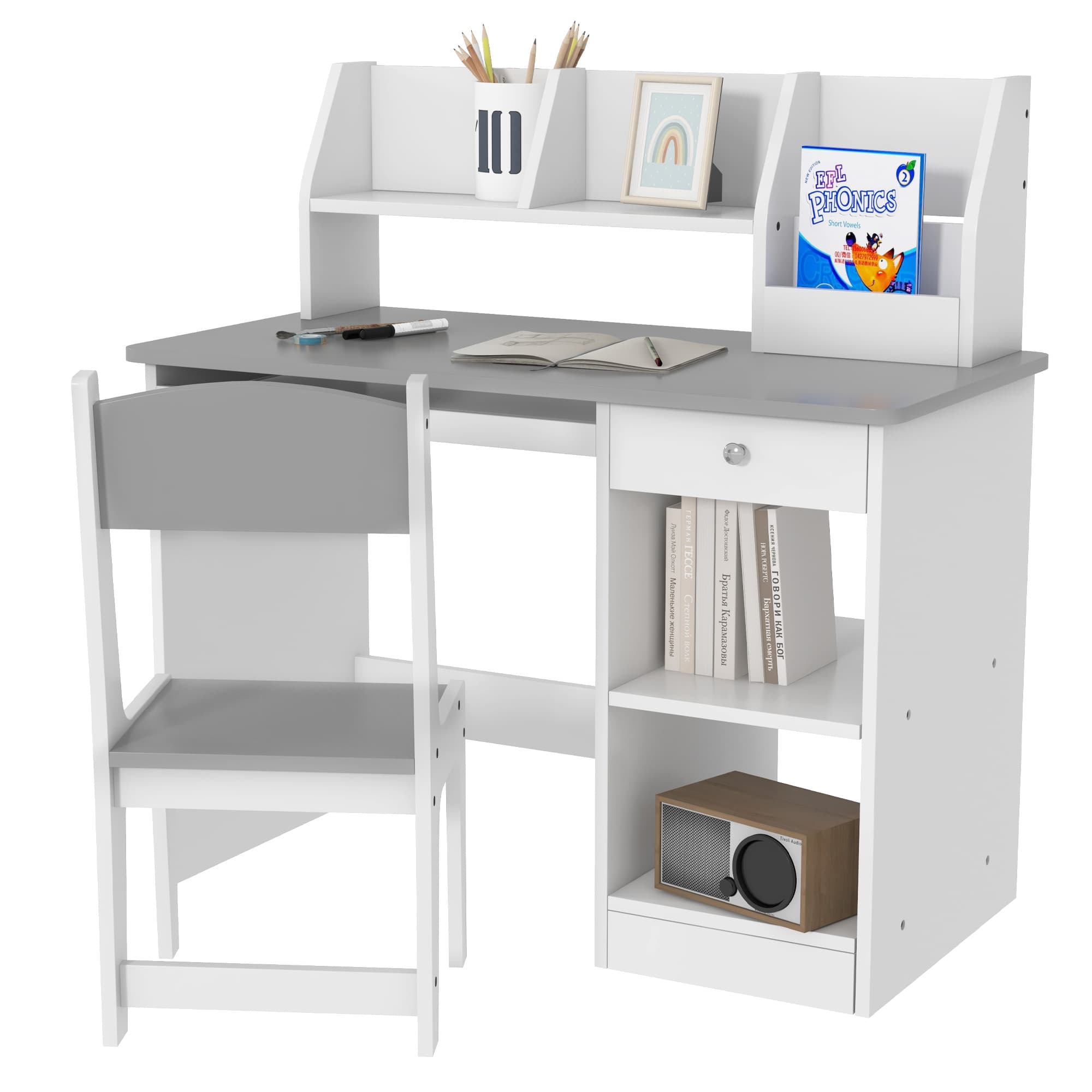ZONEKIZ Kids Desk and Chair Set with Storage, Children’s Study Table & Chair for 5–8 Years, Wooden Homework Desk, Grey | Aosom UK