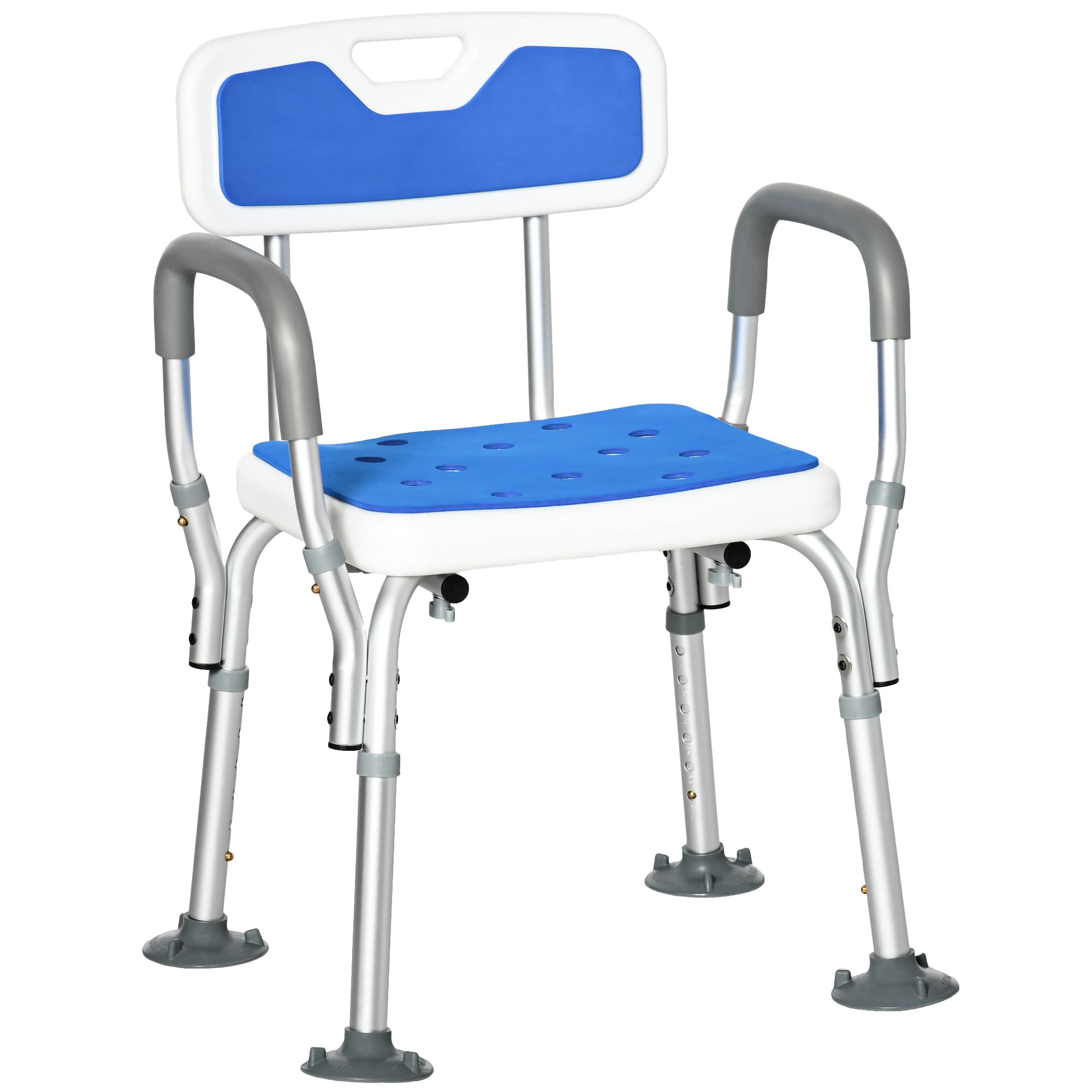 HOMCOM Shower Stools Shower Seat, EVA Padded, Height Adjustable with Back and Arms, 4 Suction Foot Pads, Blue | Aosom UK