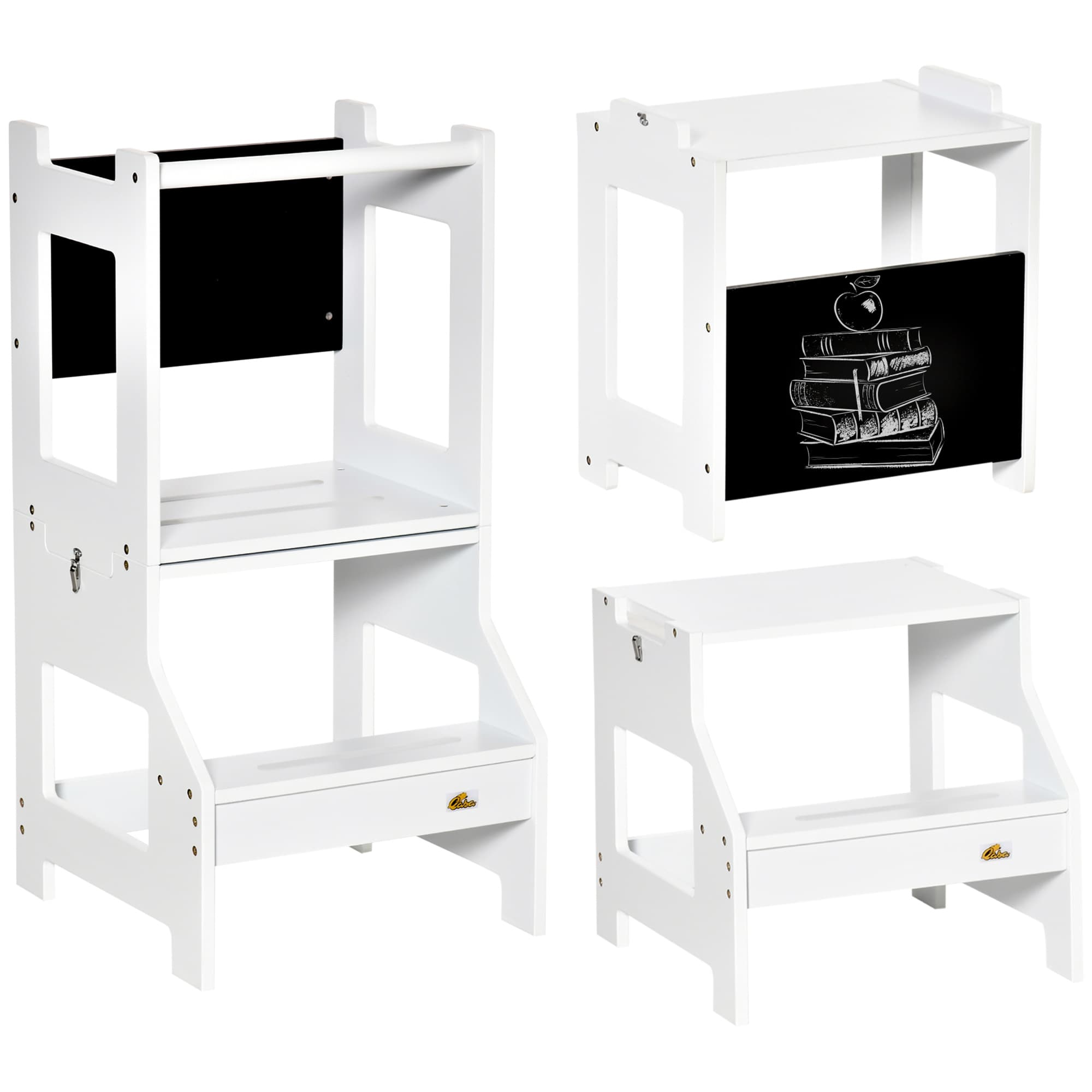 HOMCOM 2-in-1 Kids Step Stool, Toddler Table and Chair Set, with Safety Rail Chalkboard Kitchen Helper Standing Tower, White