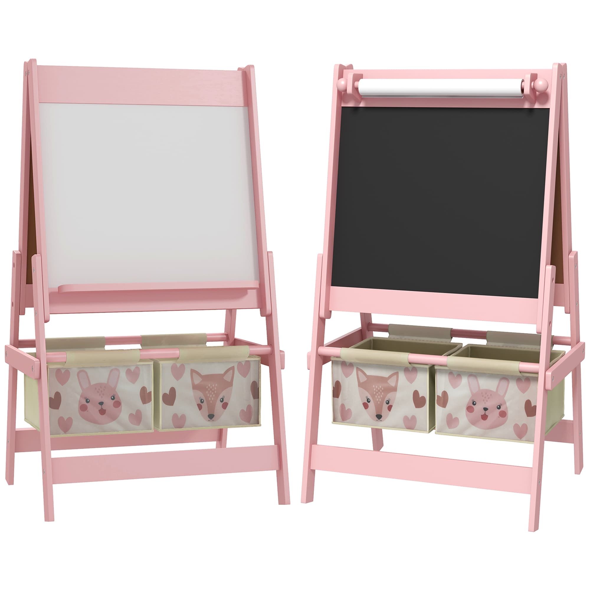 AIYAPLAY 3-in-1 Kids Easel with Paper Roll, Magnetic Whiteboard & Chalkboard, with Storage, Safe for Kids, Pink | Aosom UK