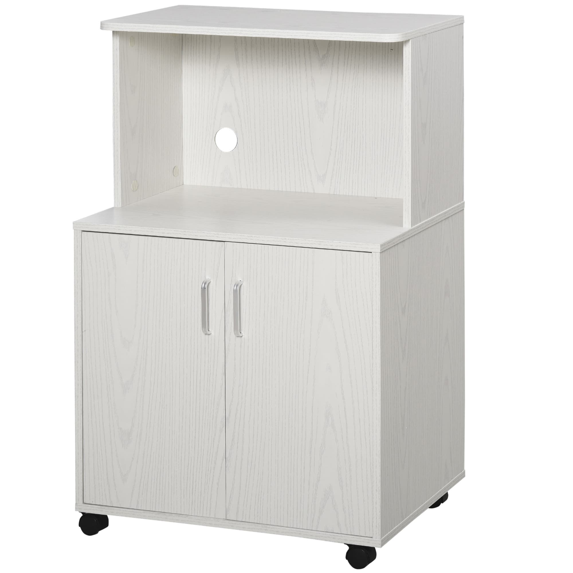 HOMCOM Kitchen Trolley: Mobile Microwave Stand with Storage Cabinets, White Bookcase on Wheels | Aosom UK
