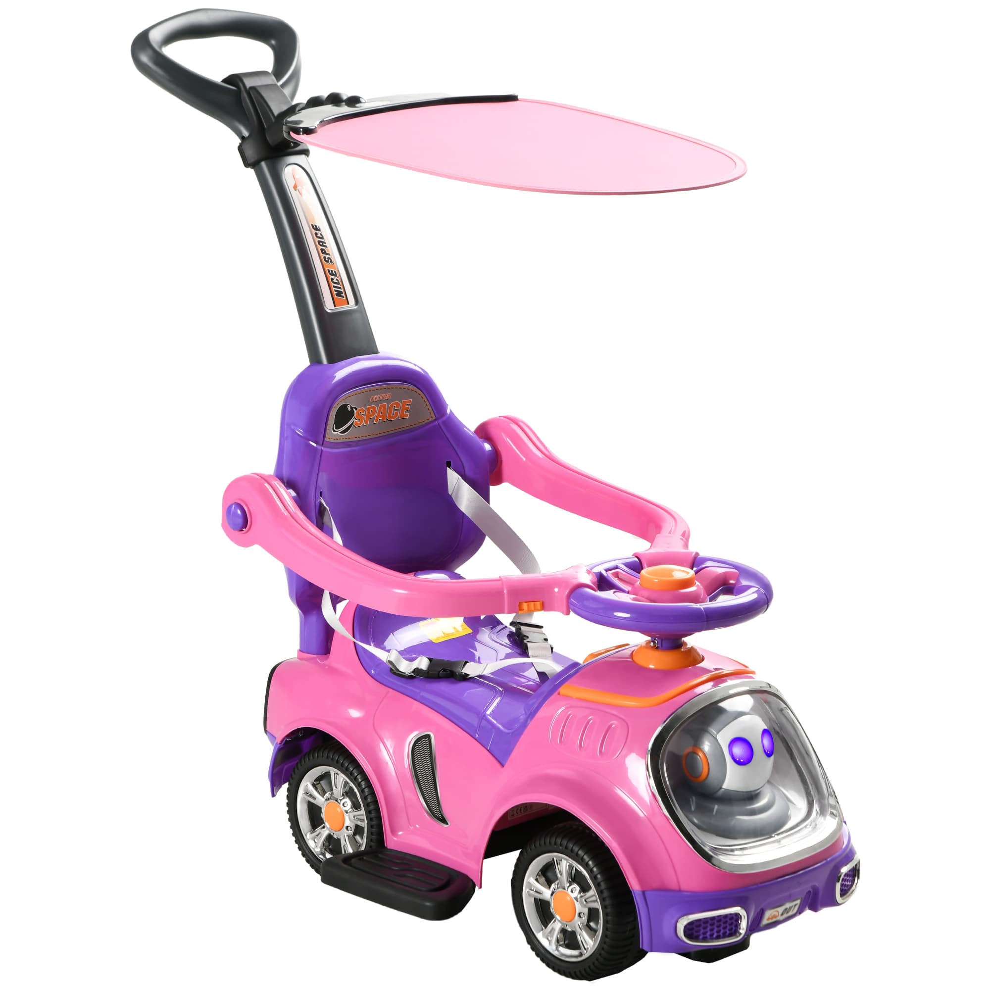 AIYAPLAY 3 in 1 Ride on Push Car, Cartoon Robot Theme Foot to Floor Slider w/ Handle Light Music Horn, Storage - Pink | Aosom UK
