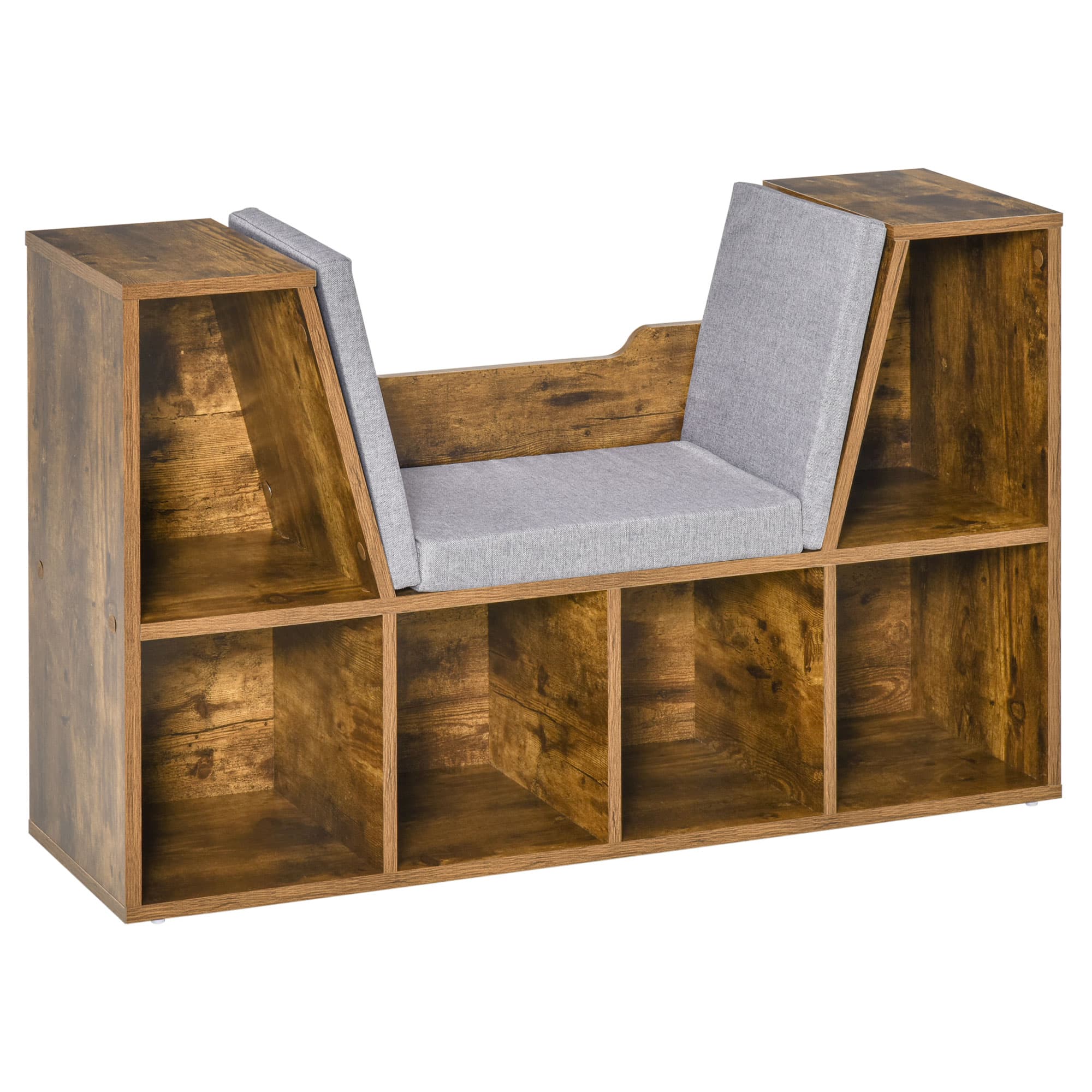 HOMCOM Bookcase Shelf Storage Seat with Cushion Sideboard Kids Children Reading Bedroom Living Room Organizer Rustic Brown | Aosom UK