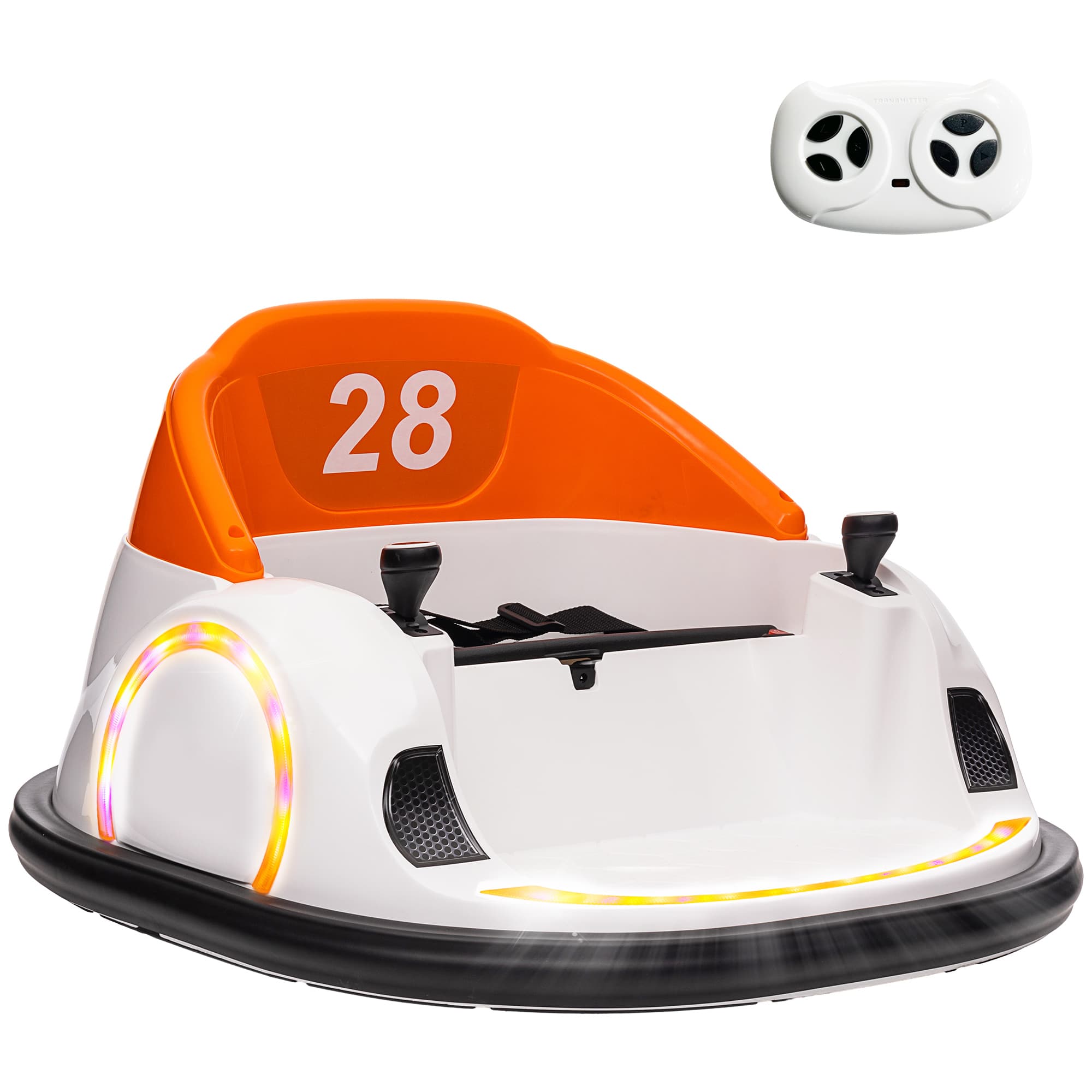 AIYAPLAY 360° Rotation Kids Bumper Car, 12V Waltzer Car with Remote Control, Dual Joysticks, Music Lights - Orange | Aosom UK