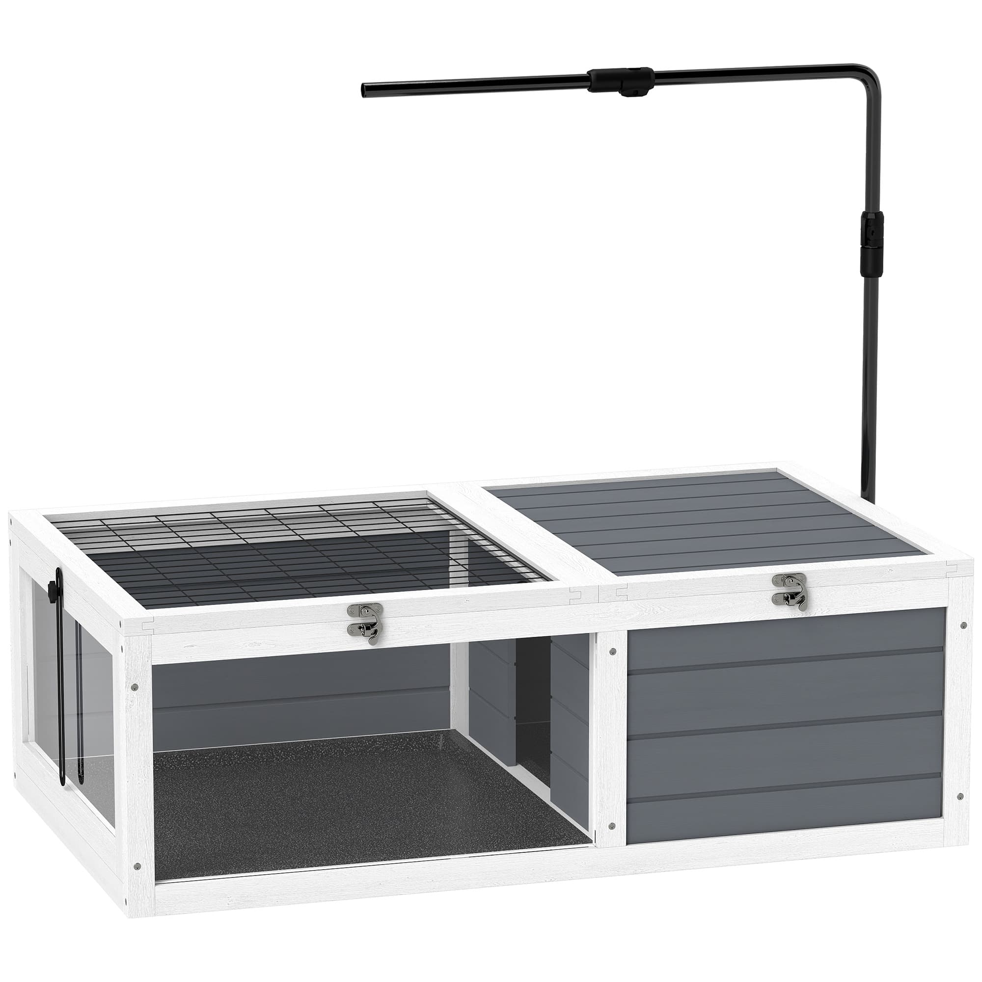 PawHut Tortoise Table with Adjustable Lamp Holder, Wooden Tortoise House w/ Openable Lids, Pull-Out Trays - Grey