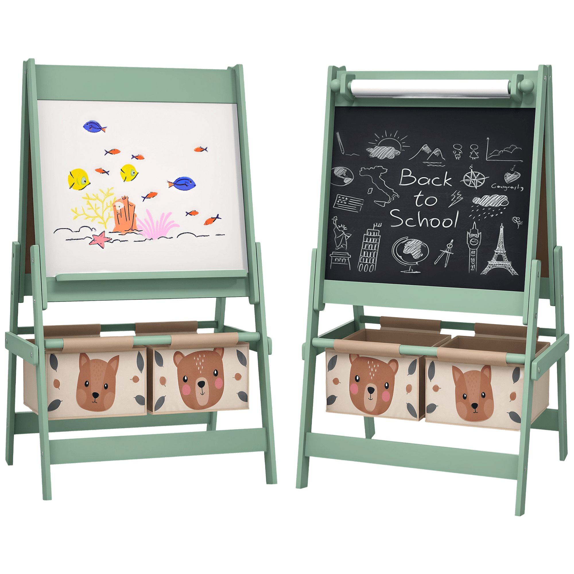 AIYAPLAY 3-in-1 Kids Easel with Paper Roll, Magnetic Whiteboard & Chalkboard, Storage Tray, Non-Toxic Design, Green | Aosom UK