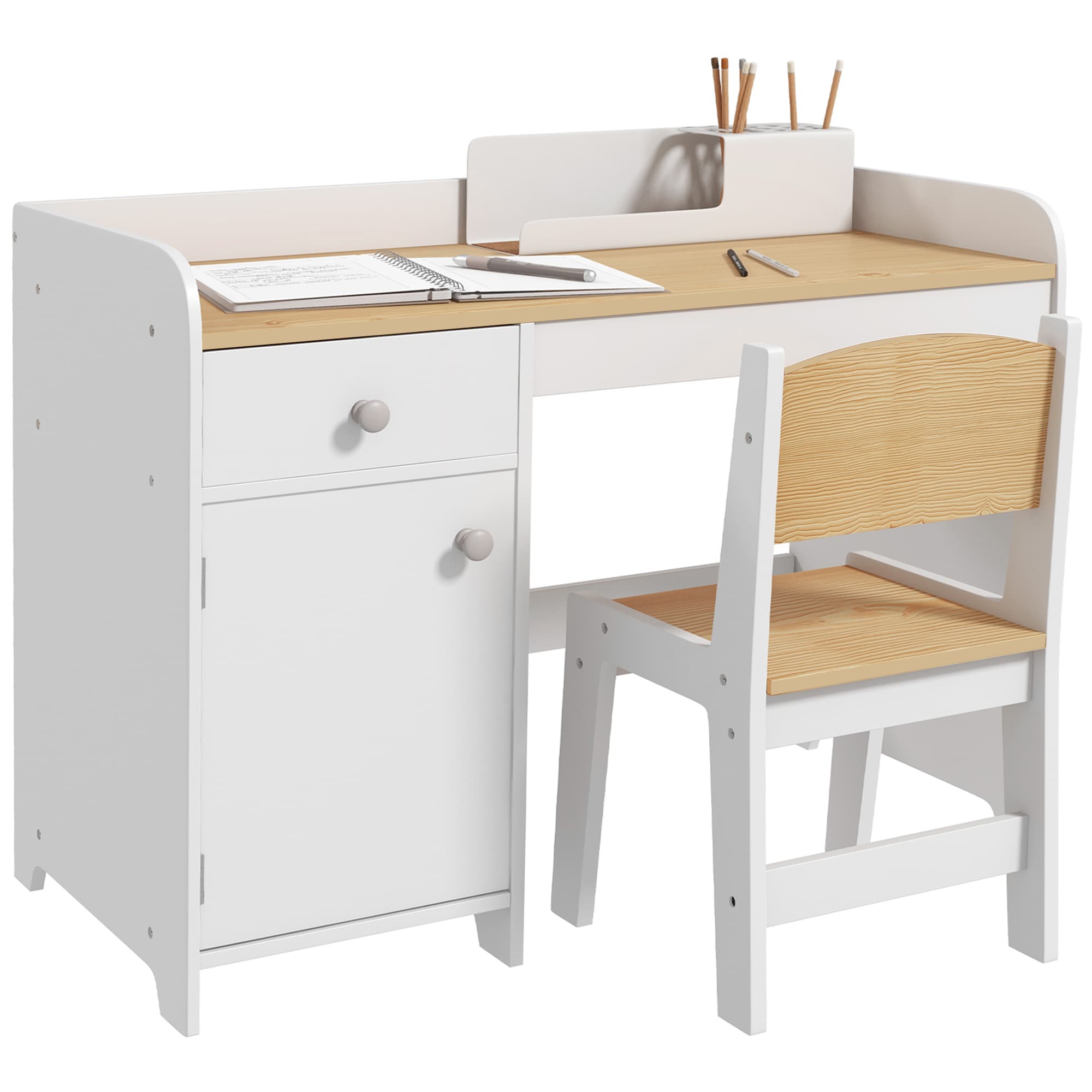 ZONEKIZ Kids Desk and Chair Set for 3-6 Year Old with Storage Drawer, Study Table and Chair for Children, White | Aosom UK