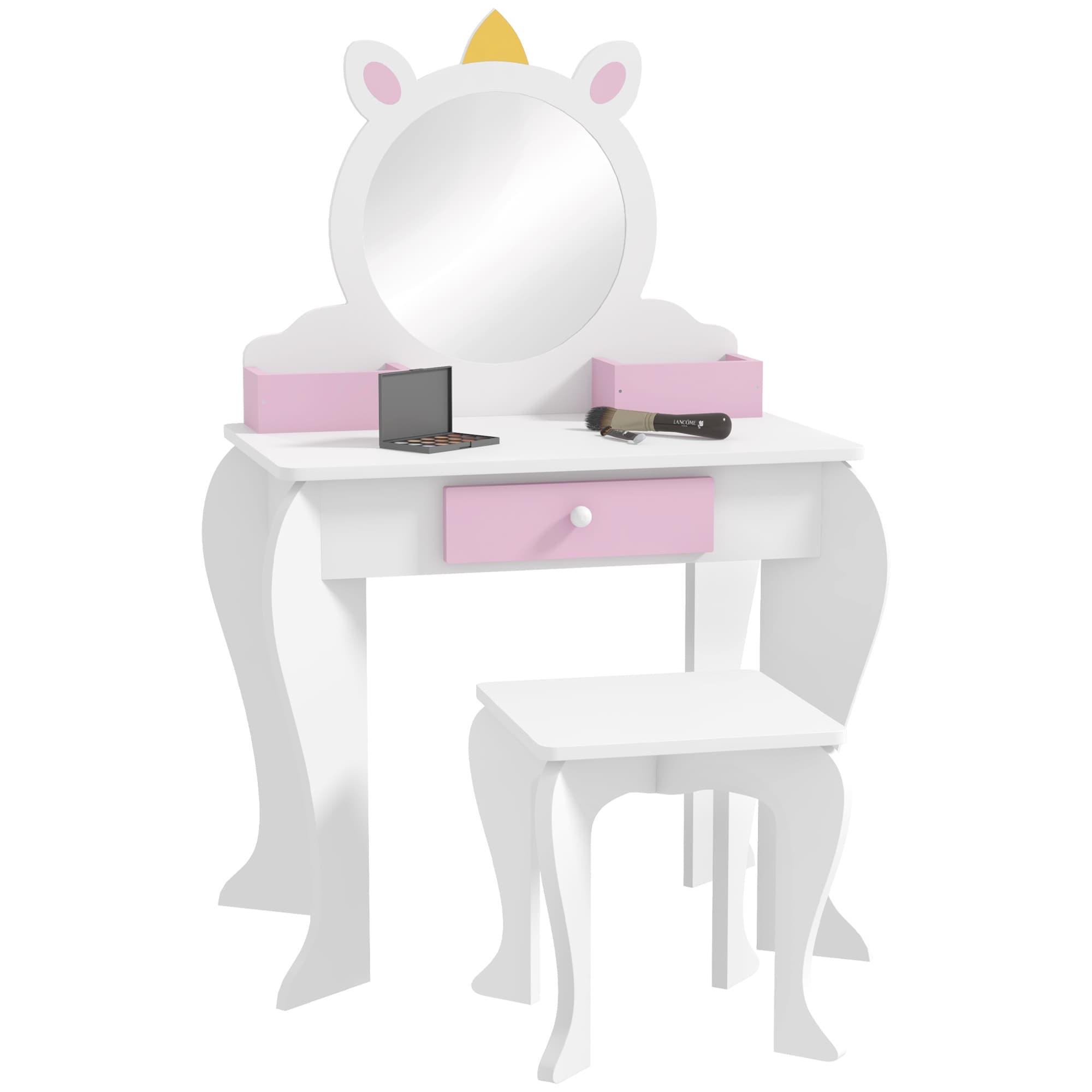 ZONEKIZ Kids Dressing Table, Unicorn Design with Mirror & Stool, Creative Play, White | Aosom UK