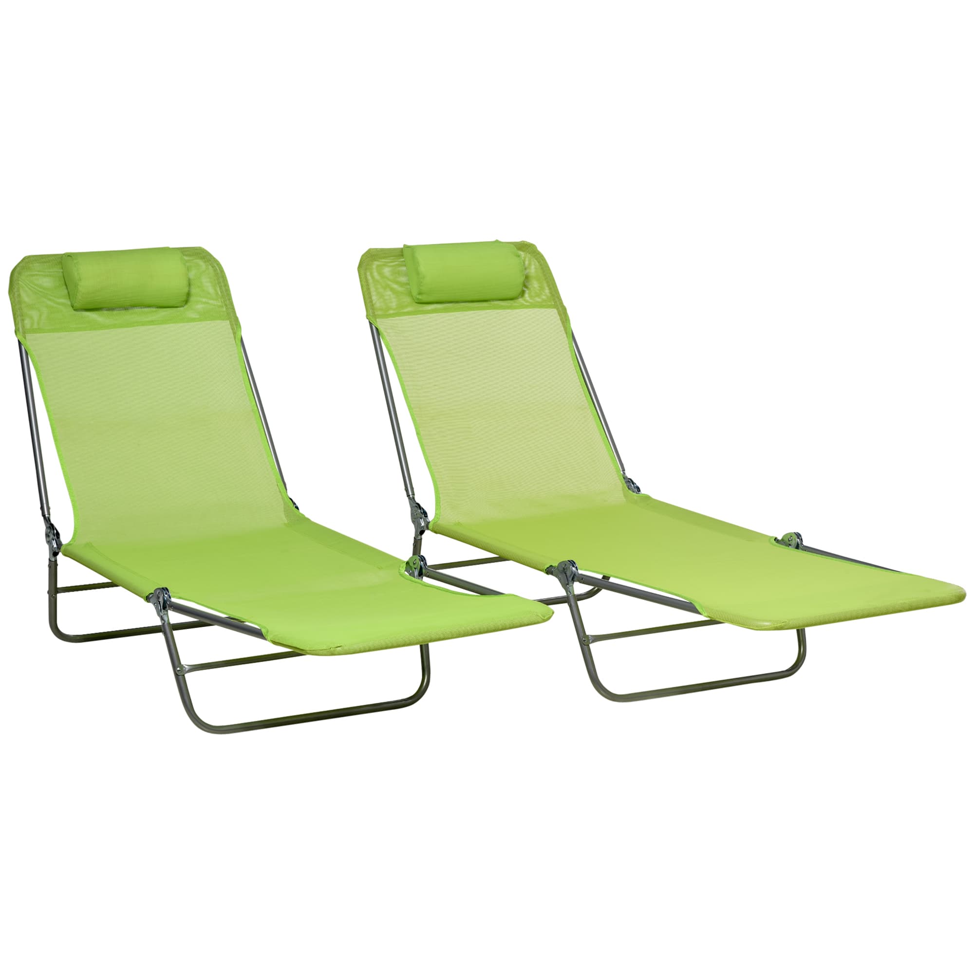 Outsunny Reclining Sun Lounger, Set of 2, Folding Outdoor Day Bed with Pillow, Steel Frame, Breathable Mesh, Green | Aosom UK