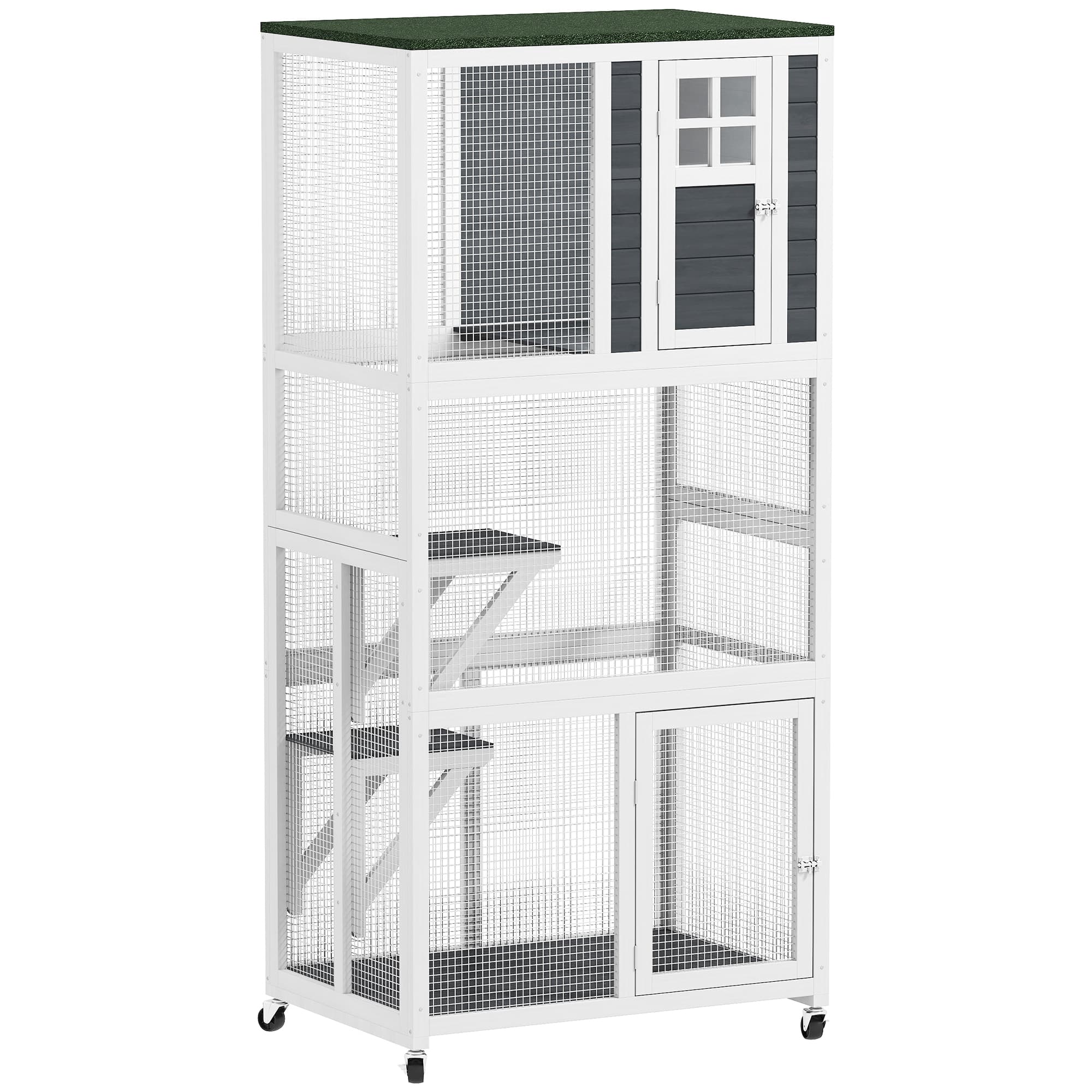 PawHut Wooden Catio Cat Outdoor Enclosure, Cat Cage with Waterproof Roof, Platforms, for Multiple Cats, White | Aosom UK