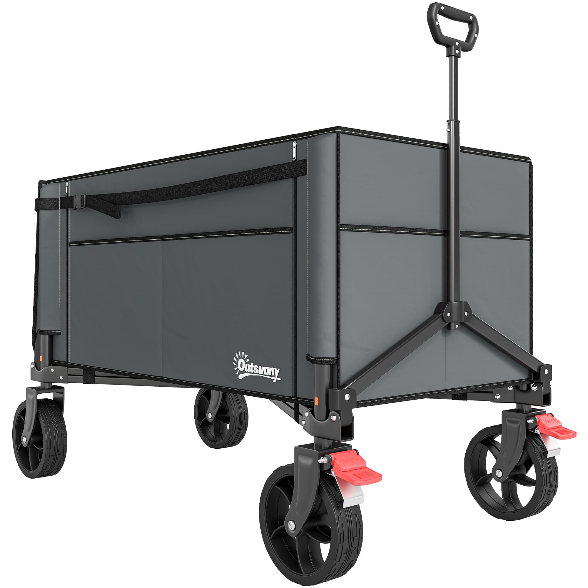 Outsunny Folding Trolley on Wheels, 150L Collapsible Wagon Festival Trolley Cart with Openable Sides, Adjustable Handle and Brakes for Shopping Camping Beach and Garden, Grey