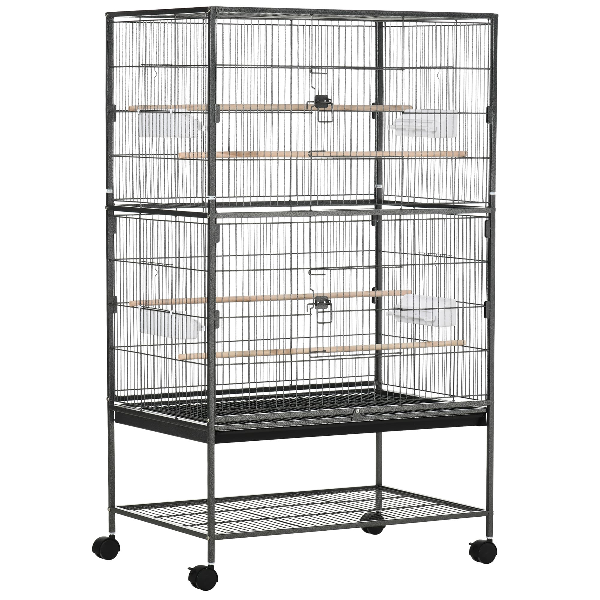 PawHut Large Bird Cage Budgie Cage for Finch Canaries Parakeet w/ Rolling Stand, Slide-out Tray, Shelf, Food Containers, Dark Grey | Aosom UK