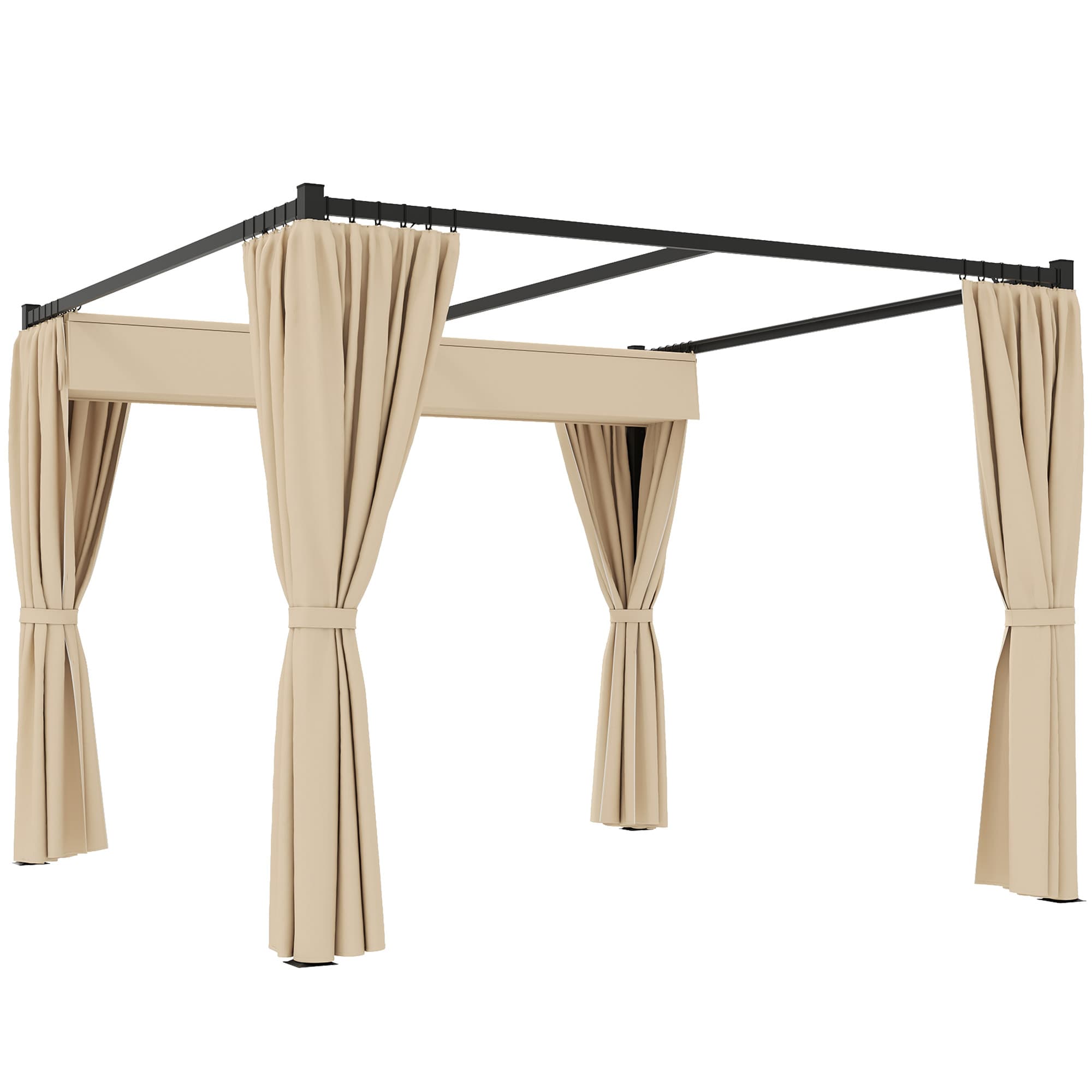 Outsunny 3x3m Retractable Pergola Gazebo, Outdoor Patio Shelter with Adjustable Roof & Curtains, Ideal for BBQ, Deck & Garden, Beige | Aosom UK