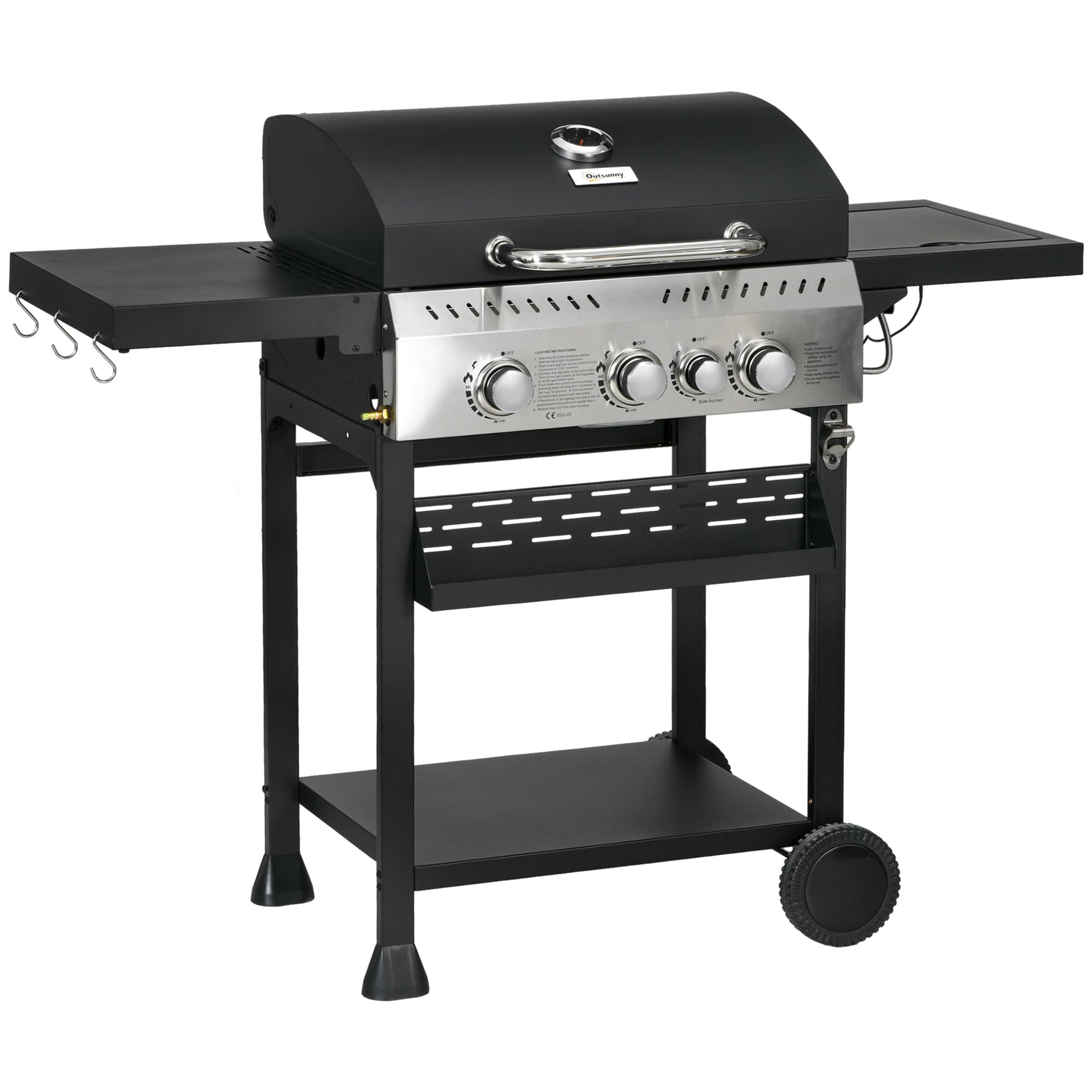 Outsunny Galvanised Steel 3+1 Gas Burner BBQ Grill Trolley, Black | Aosom UK