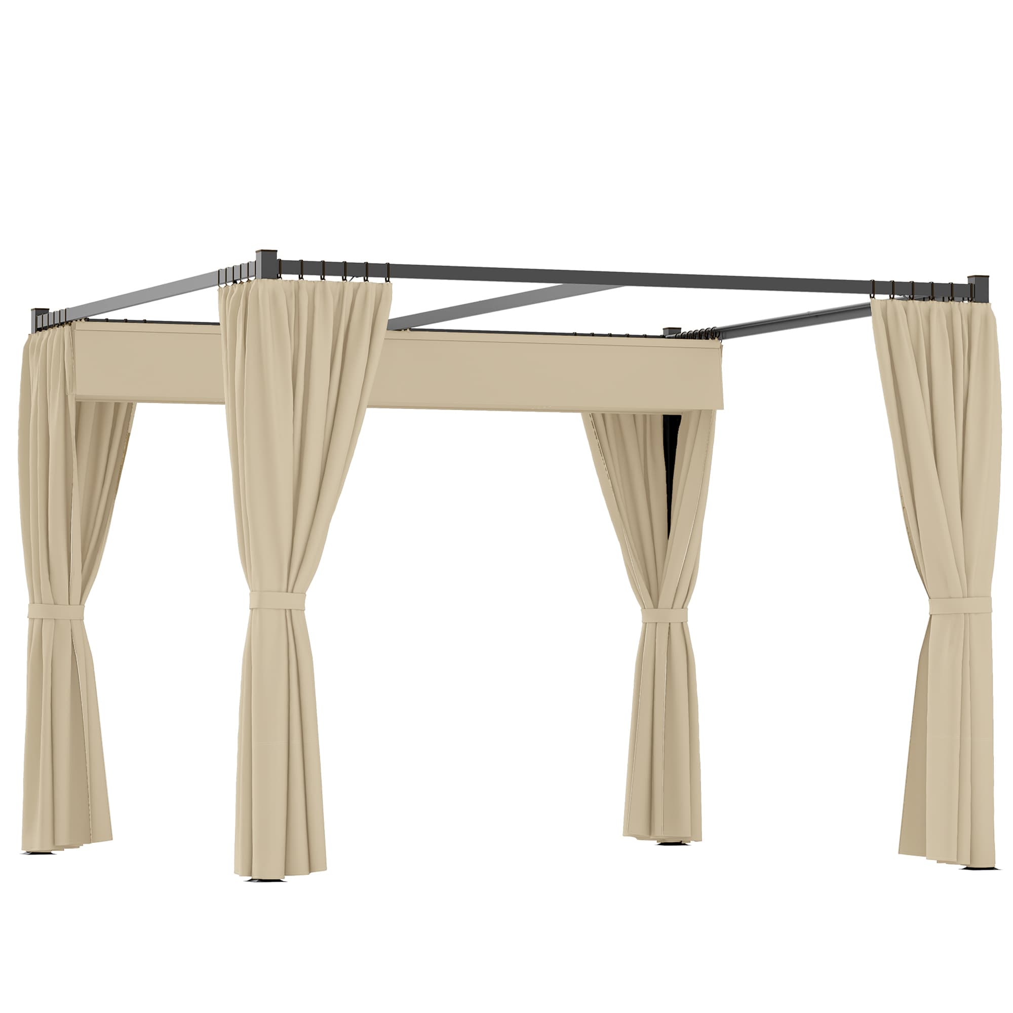 Outsunny 3 x 3(m) Retractable Pergola, Garden Gazebo Shelter with Curtains, for Grill, Patio, Deck, Khaki