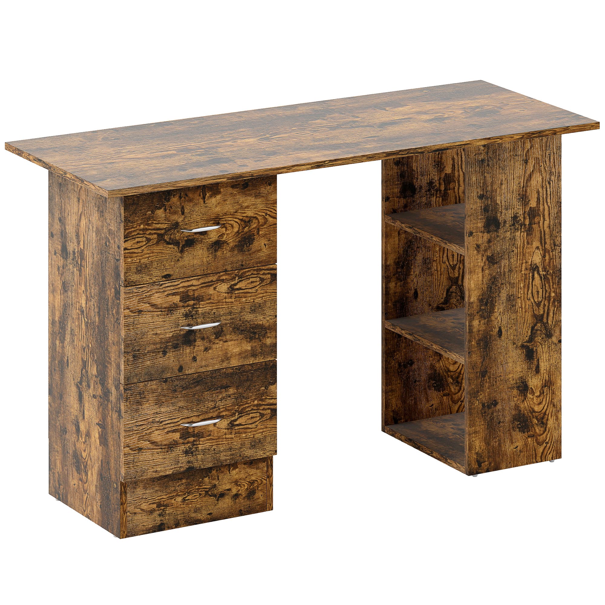 HOMCOM Computer Desk, Writing Table, PC Workstation with 3 Storage Shelves and Drawers, Silver Handle, for Home Office, Rustic Brown