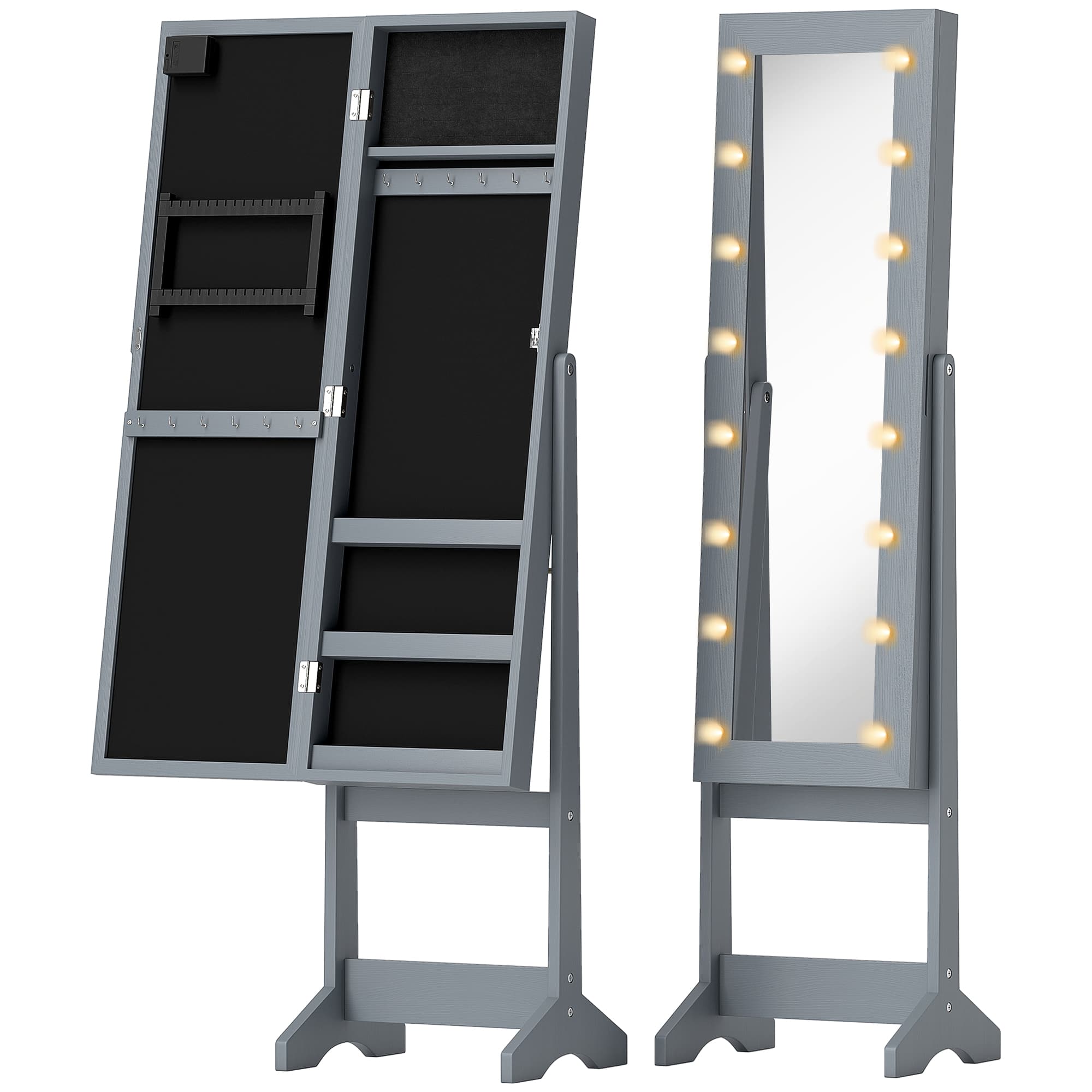 HOMCOM Free Standing Mirror Jewelry Cabinet with LED Lights, Jewellery Organiser with 3 Angle Adjustable, Full-Length Mirror with Storage for Earrings, Necklaces, Rings and Lipsticks, Grey