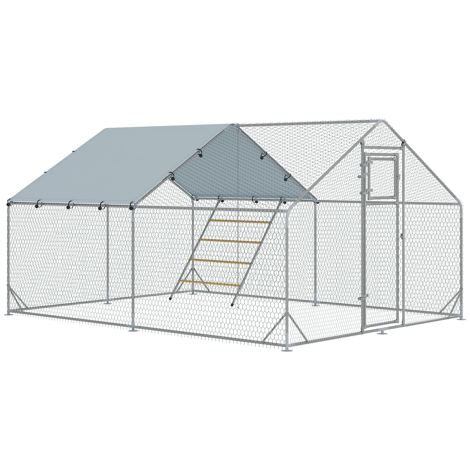 PawHut Walk in Chicken Run w/ Cover, Feeding Door, Hanging Feeder, Perch, for 12-18 Poultry